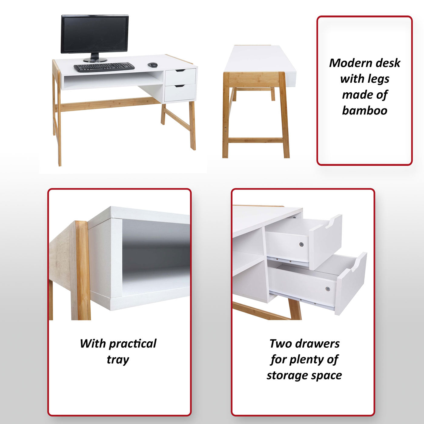 Bureau MCW-K12, bureau computerbureau werktafel, lade, bamboe 76x115x58cm ~ wit