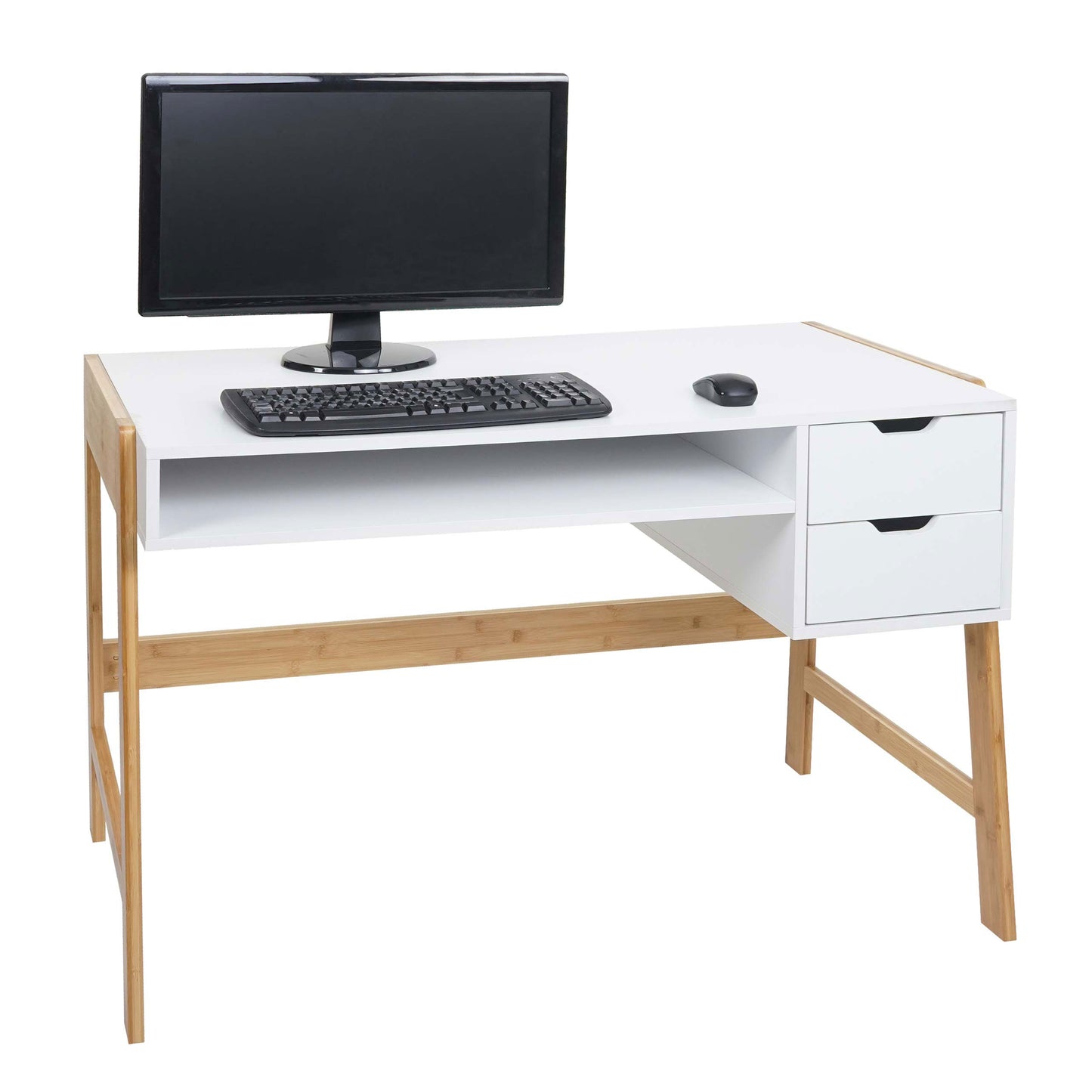 Bureau MCW-K12, bureau computerbureau werktafel, lade, bamboe 76x115x58cm ~ wit
