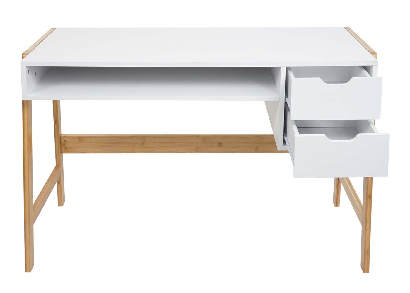 Bureau MCW-K12, bureau computerbureau werktafel, lade, bamboe 76x115x58cm ~ wit