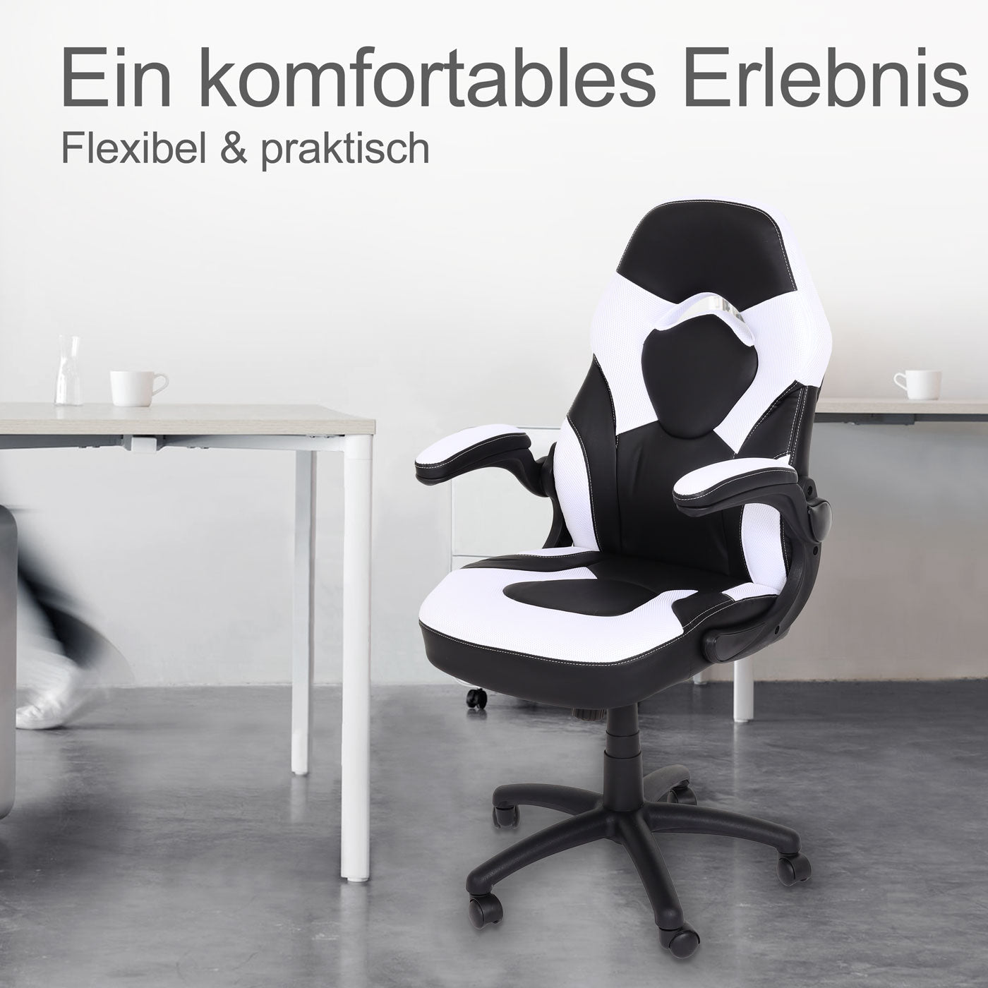 Bureaustoel MCW-K13, draaistoel gamestoel, ergonomisch, verstelbare armleuning, kunstleer ~ zwart-wit