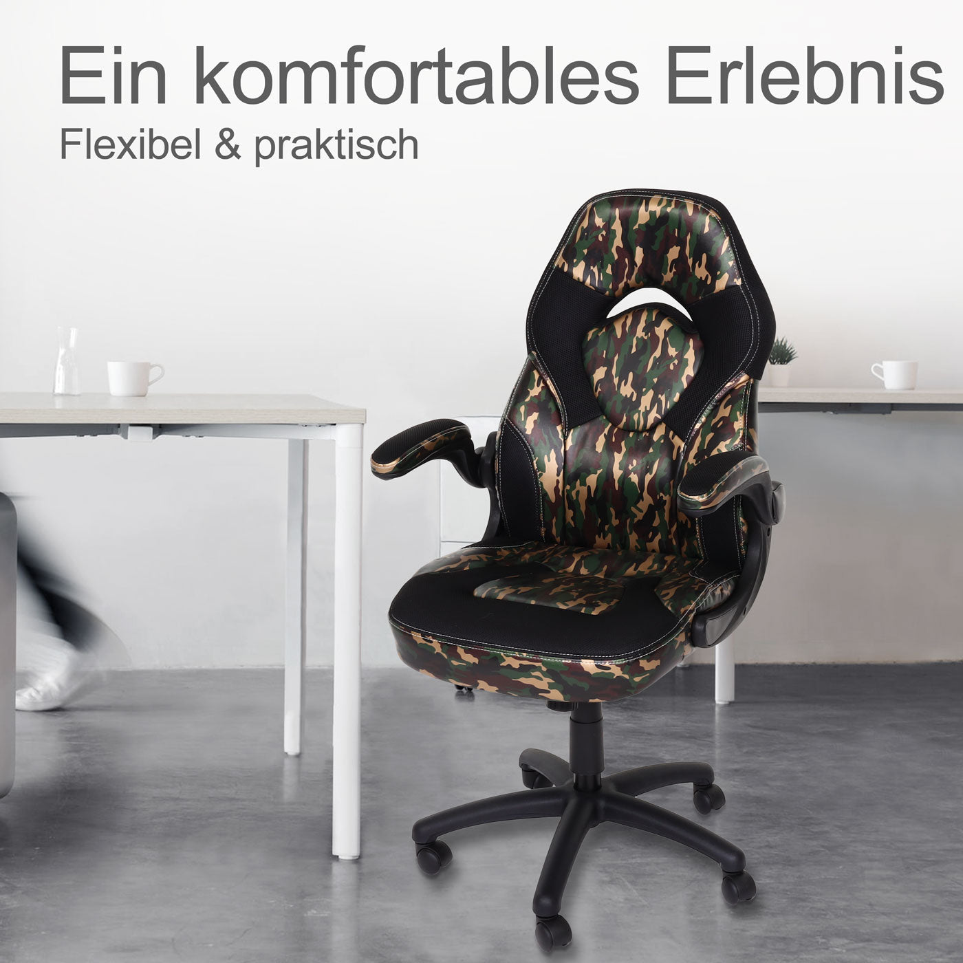 Bureaustoel MCW-K13, draaistoel gamestoel, ergonomisch, verstelbare armleuning, kunstleer ~ camouflage-zwart