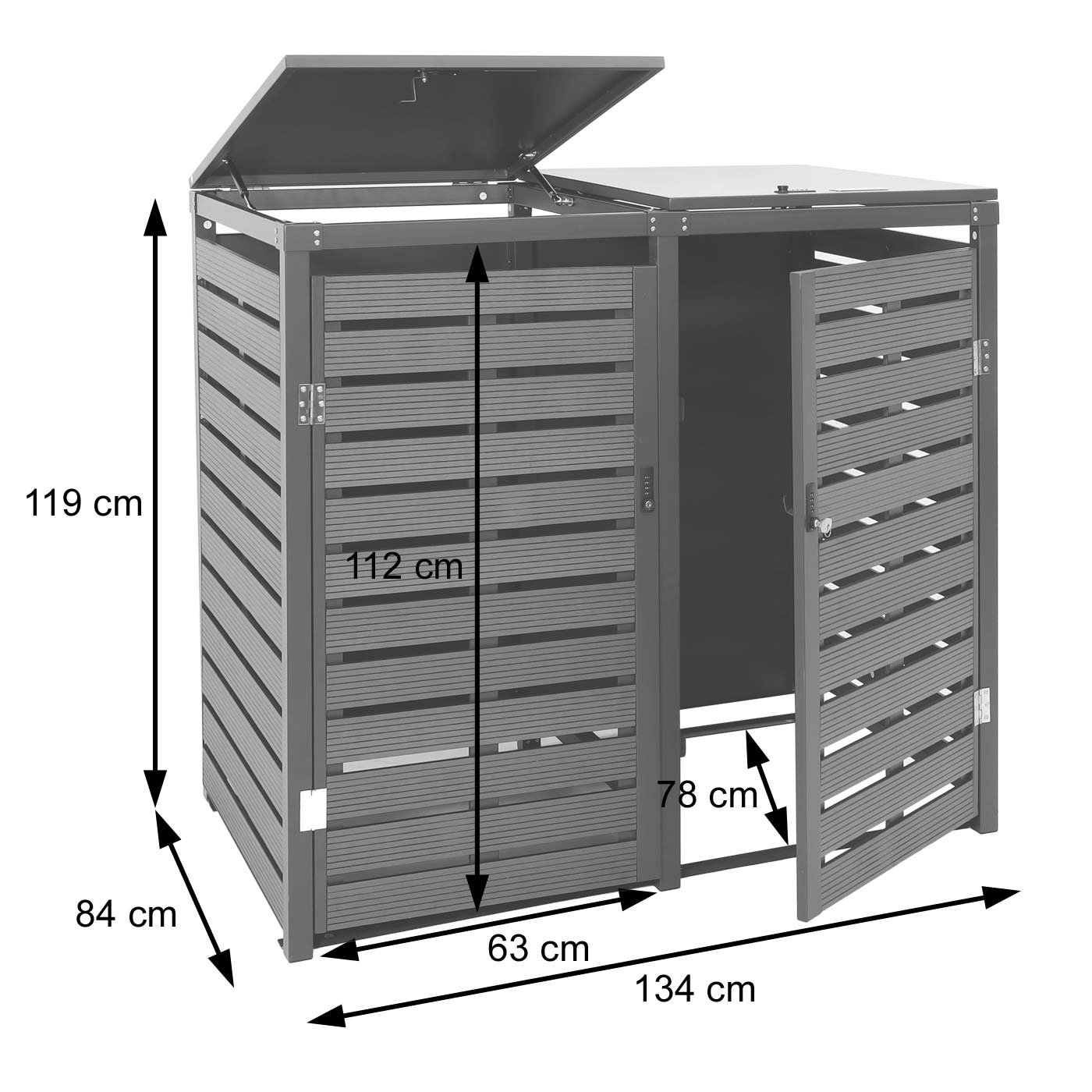 2 afvalemmerbehuizing MCW-K14, afvalemmerbox, 119x134x84cm WPC roestvrij staal 78kg ~ walnoot houtlook