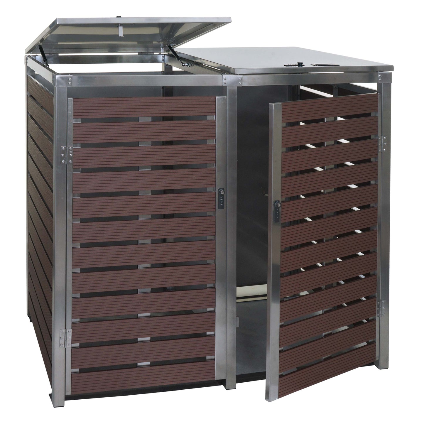 2 afvalemmerbehuizing MCW-K14, afvalemmerbox, 119x134x84cm WPC roestvrij staal 78kg ~ walnoot houtlook