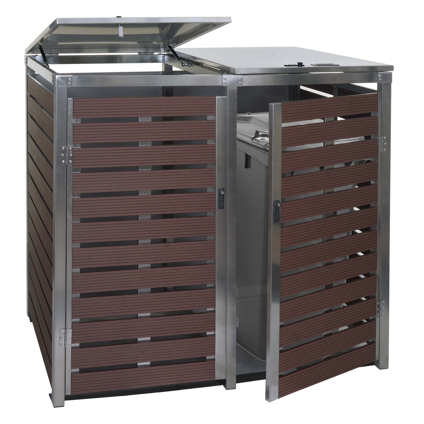2 afvalemmerbehuizing MCW-K14, afvalemmerbox, 119x134x84cm WPC roestvrij staal 78kg ~ walnoot houtlook