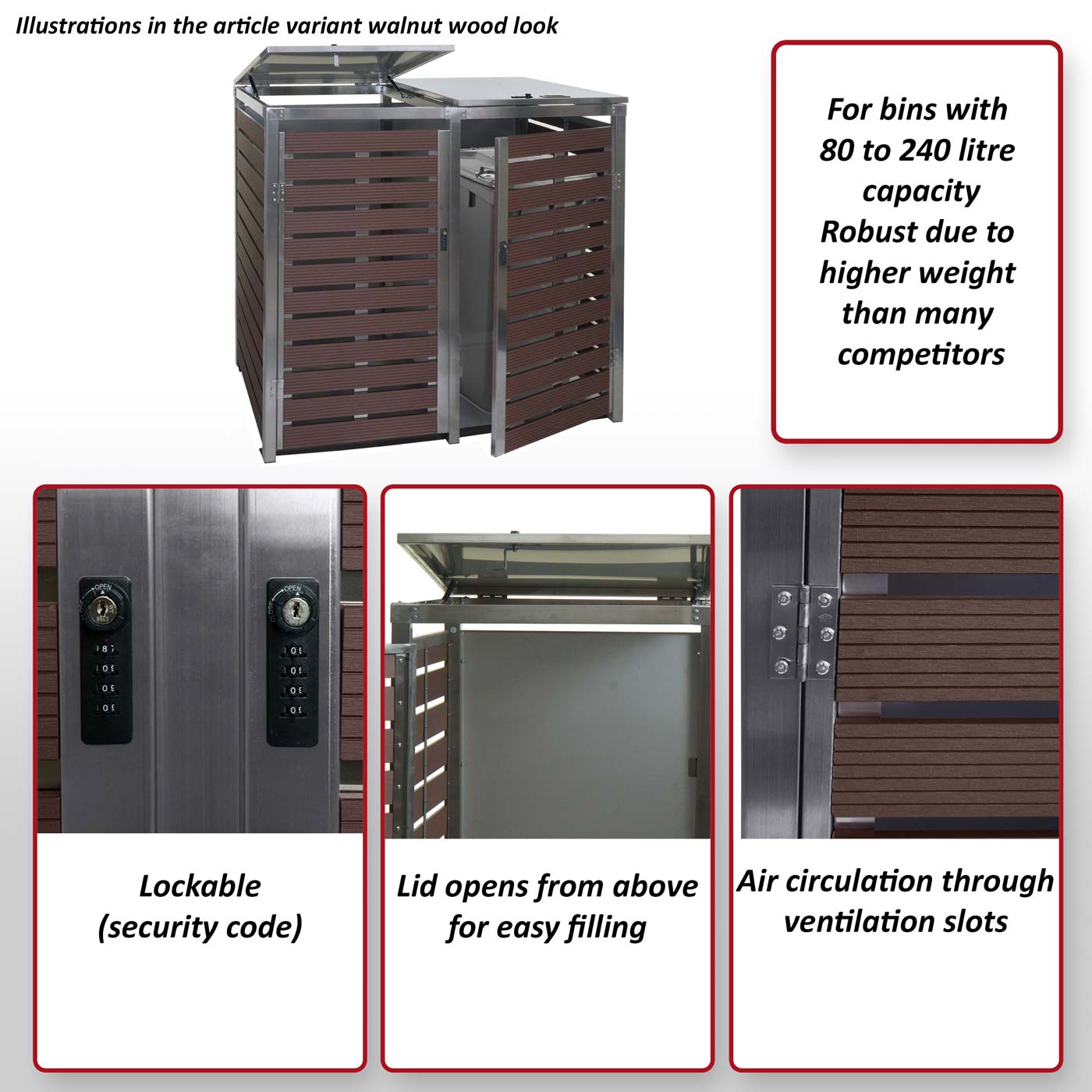 2 afvalemmerbehuizing MCW-K14, afvalemmerbox, 119x134x84cm WPC roestvrij staal 78kg ~ walnoot houtlook