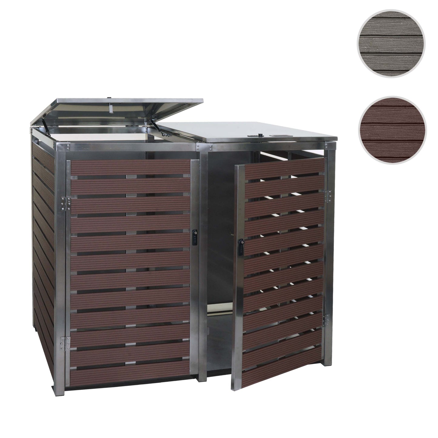 2 afvalemmerbehuizing MCW-K14, afvalemmerbox, 119x134x84cm WPC roestvrij staal 78kg ~ walnoot houtlook
