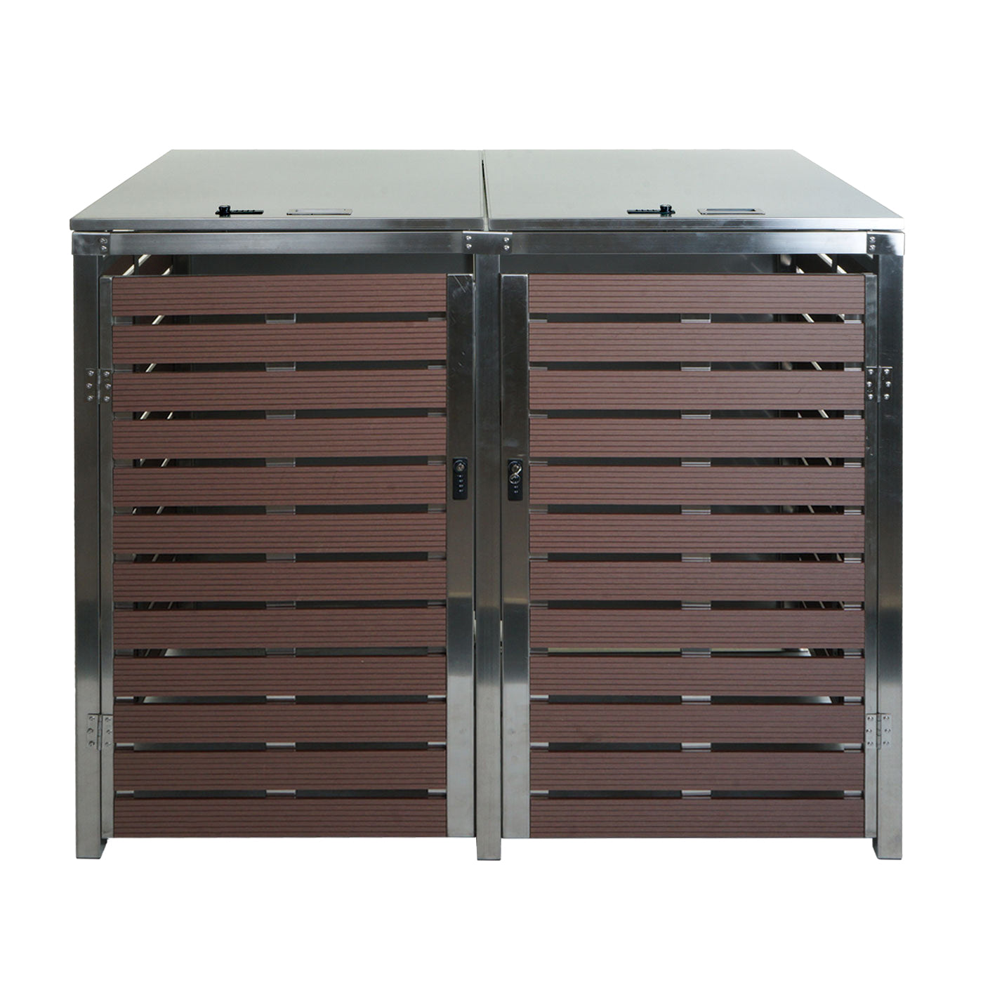 2 afvalemmerbehuizing MCW-K14, afvalemmerbox, 119x134x84cm WPC roestvrij staal 78kg ~ walnoot houtlook