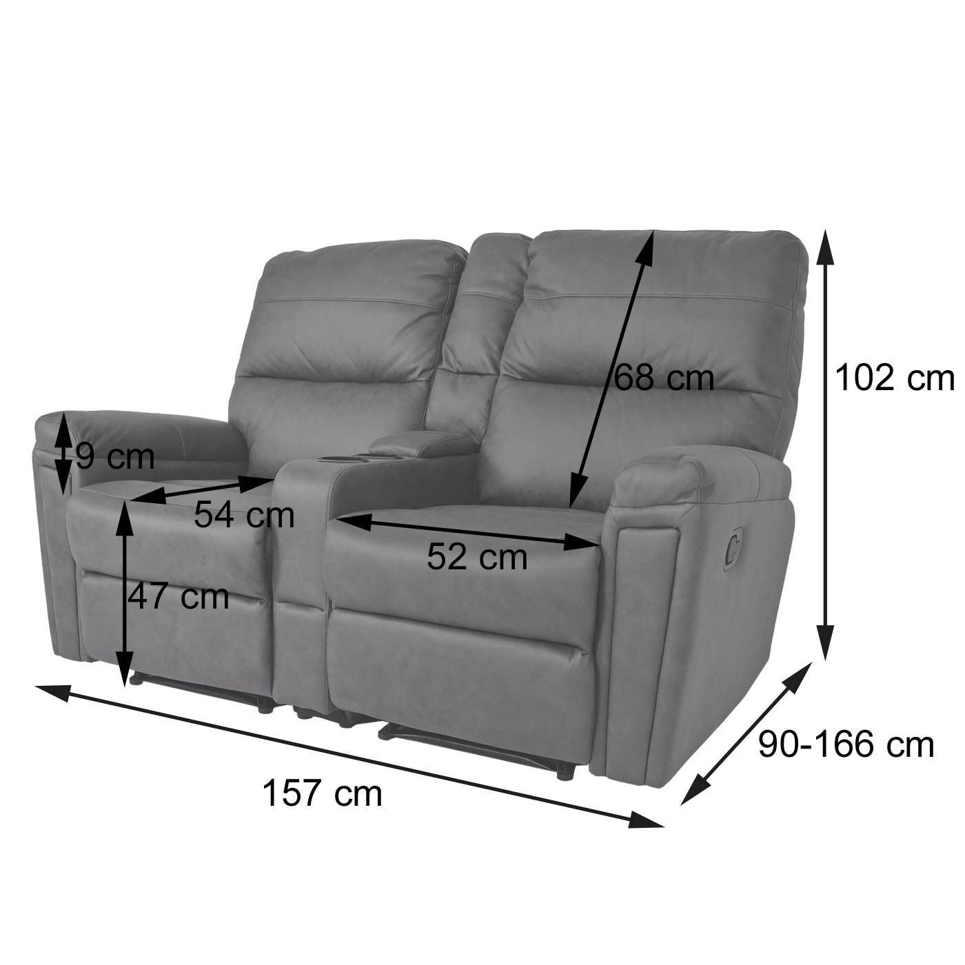 2-zits bioscoopfauteuil MCW-K17, relaxfauteuil TV fauteuil bank, Nosag vering bekerhouder compartiment ~ kunstleder zwart