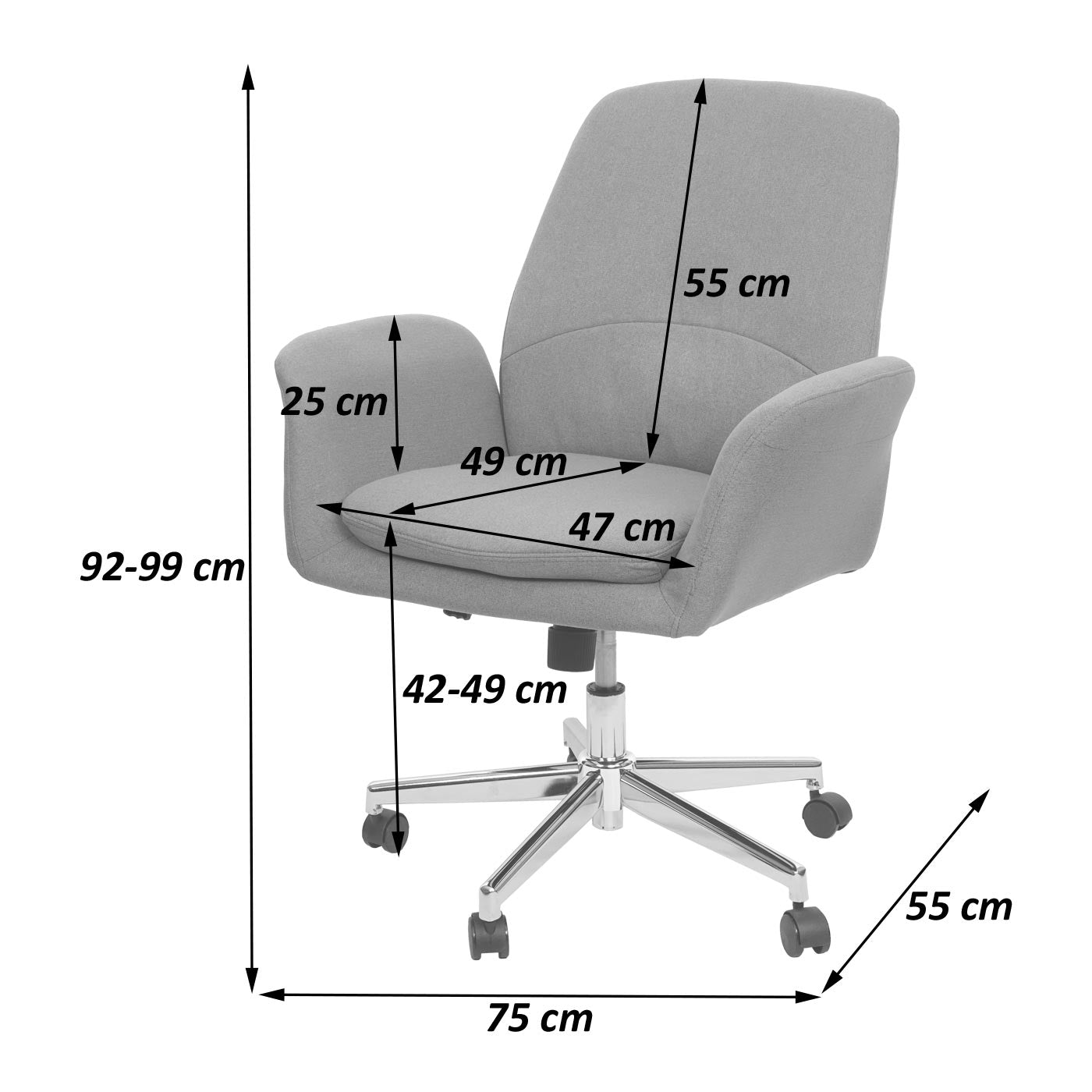 Bureaustoel MCW-K23, bureaustoel draaistoel fauteuil, stof/textiel met armleuningen ~ grijs