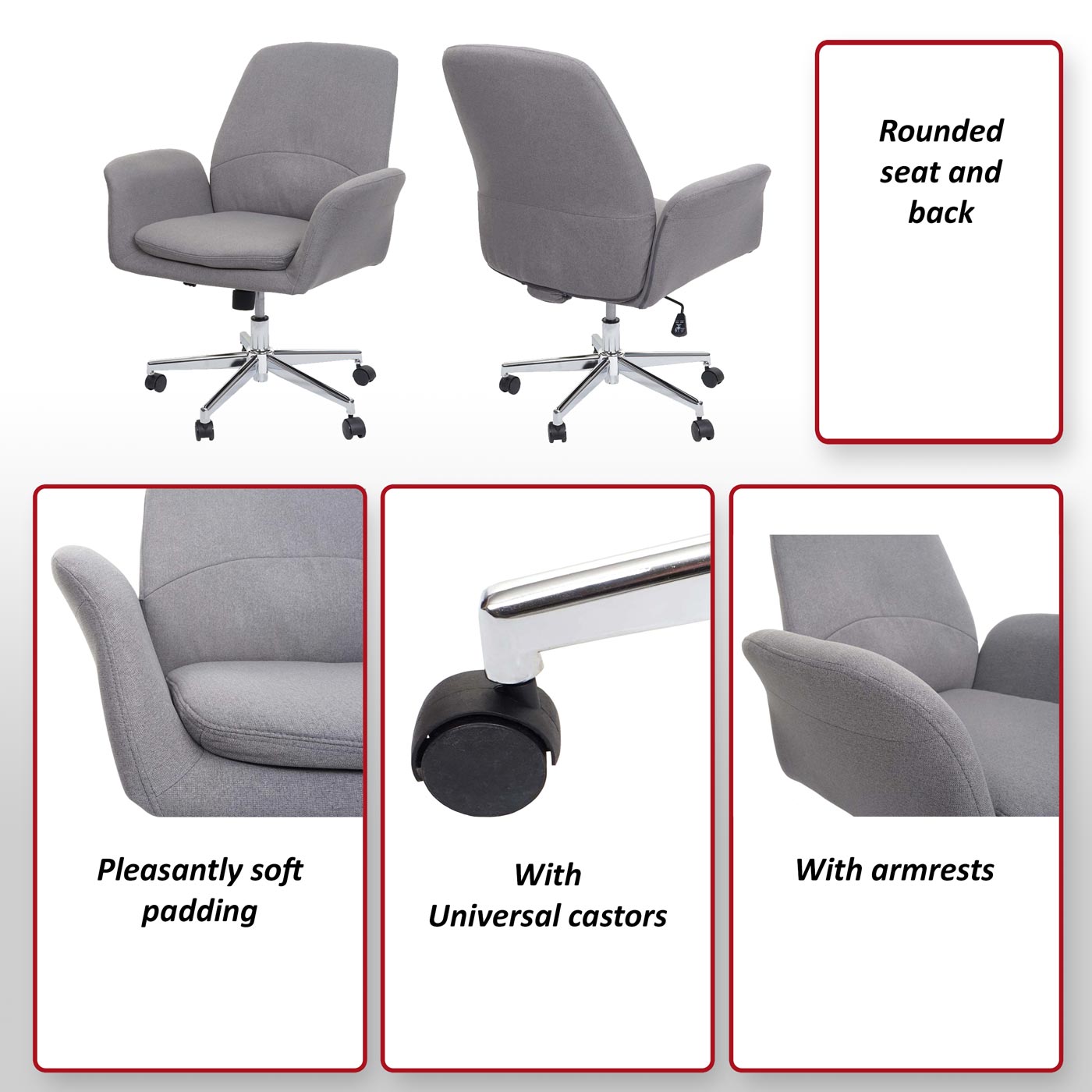 Bureaustoel MCW-K23, bureaustoel draaistoel fauteuil, stof/textiel met armleuningen ~ grijs