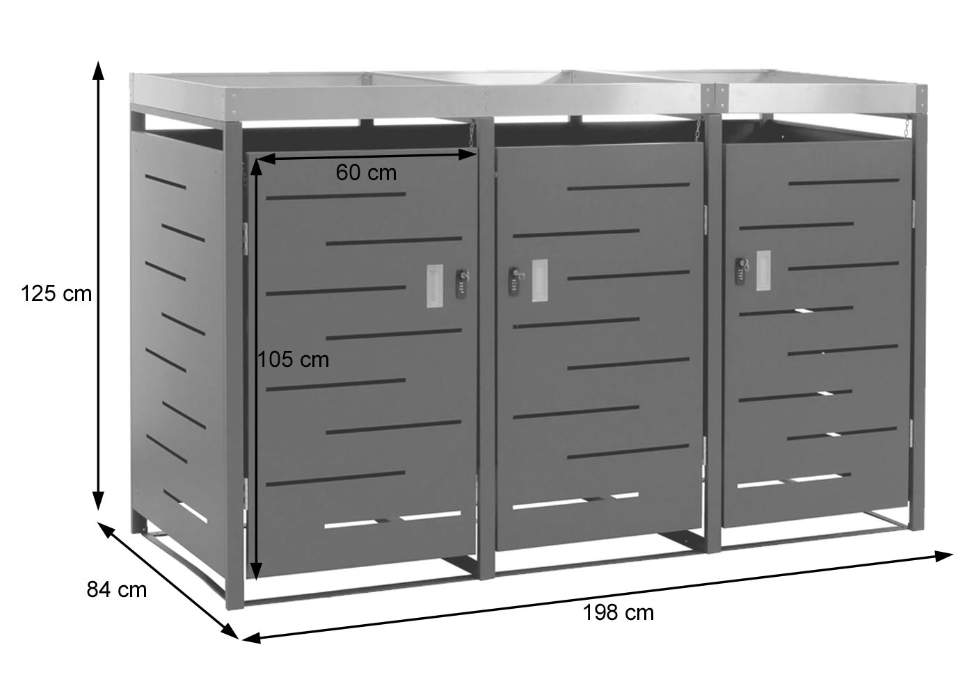 3-bakken kast MCW-H40, afvalbak, plantenbak roestvrij staal-metaal combinatie 78kg 125x198x84cm uitbreidbaar