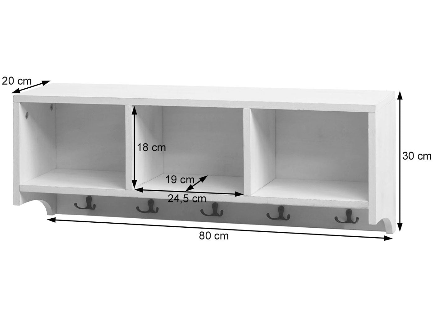 Wandkapstok MCW-K49, kapstok Wandkapstok Rek, 3 opbergvakken 5 haken 30x80x20cm hout ~ wit, shabby