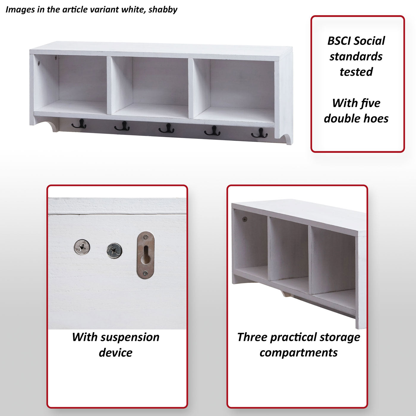 Wandkapstok MCW-K49, kapstok Wandkapstok Rek, 3 opbergvakken 5 haken 30x80x20cm hout ~ wit, shabby