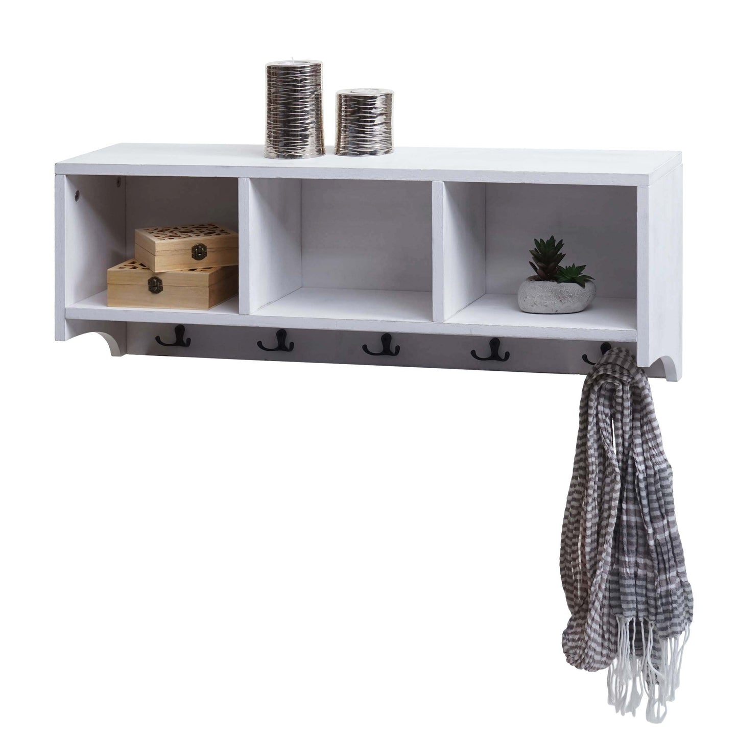 Wandkapstok MCW-K49, kapstok Wandkapstok Rek, 3 opbergvakken 5 haken 30x80x20cm hout ~ wit, shabby