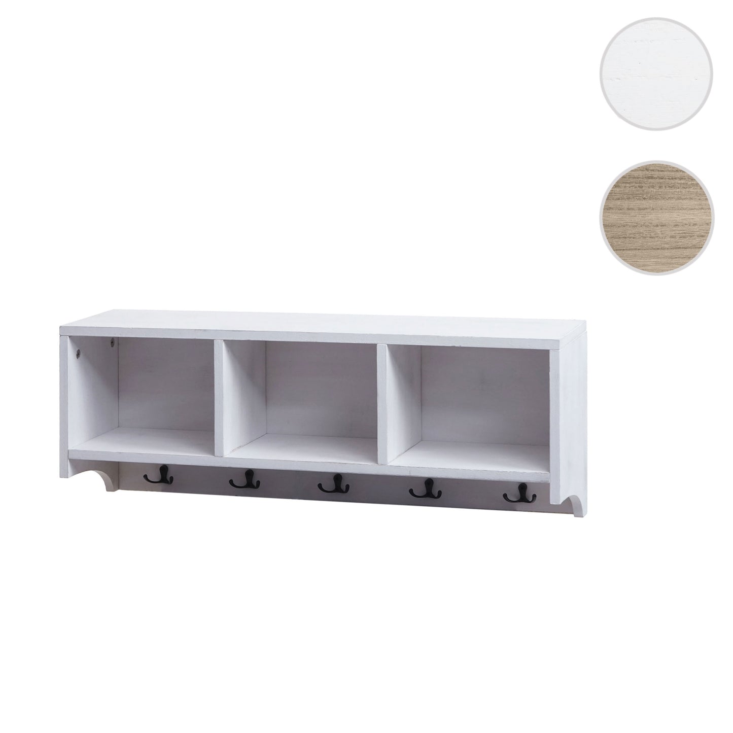 Wandkapstok MCW-K49, kapstok Wandkapstok Rek, 3 opbergvakken 5 haken 30x80x20cm hout ~ wit, shabby