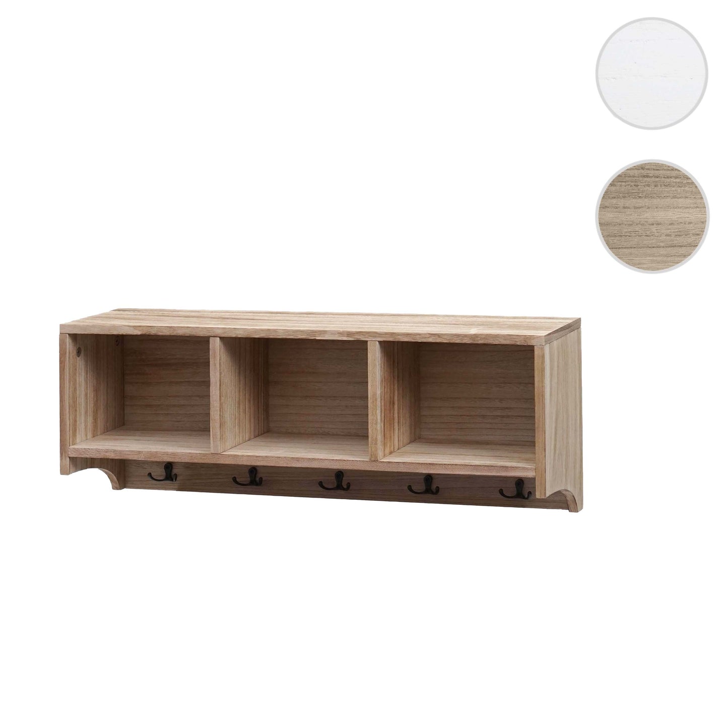 Wandkapstok MCW-K49, kapstok Wandkapstokplank, 3 opbergvakken 5 haken 30x80x20cm hout ~ natuurlijk bruin