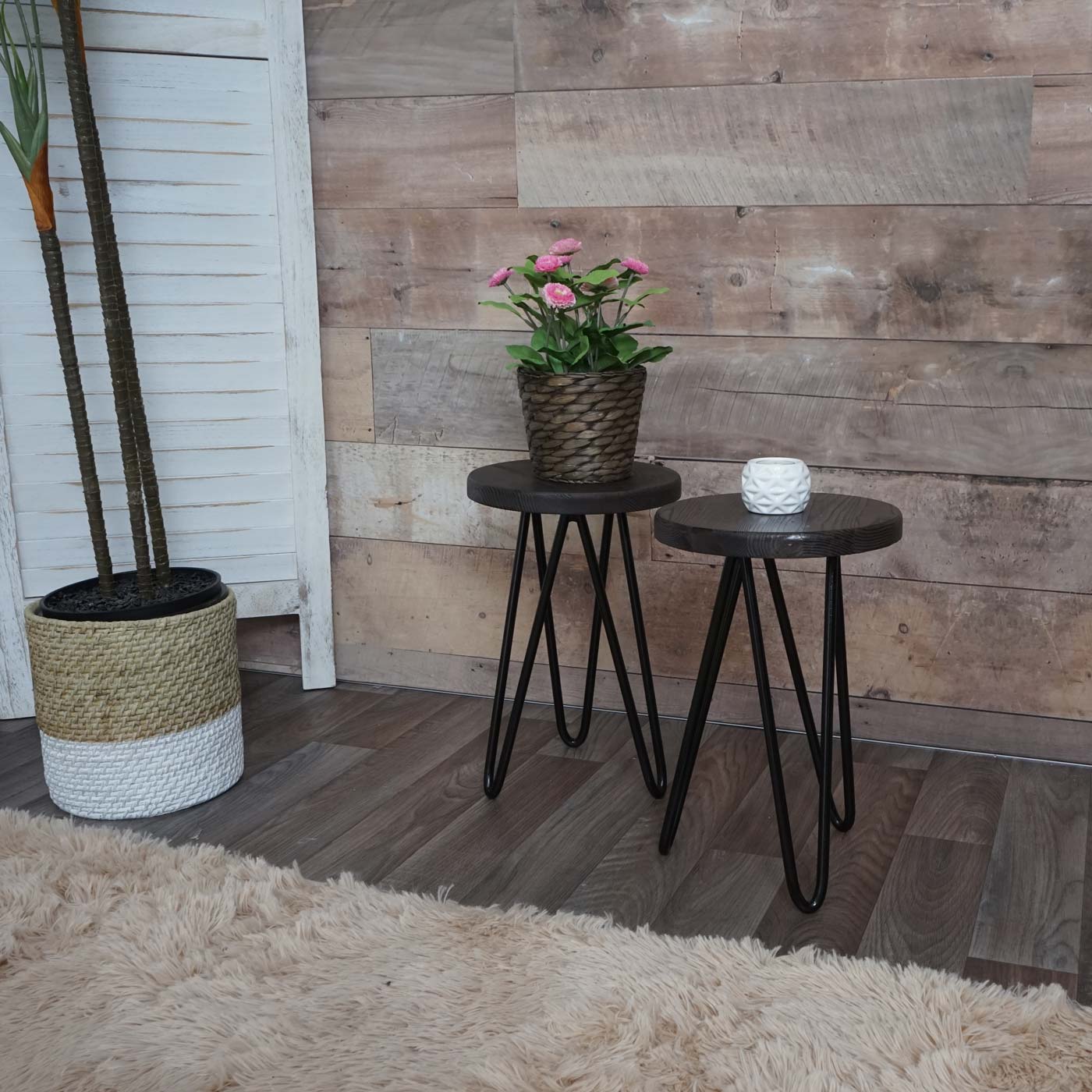Set van 2 bijzettafels MCW-A80, nachtkastje salontafel, industrieel echt hout Ø25cm ~ donkerbruin