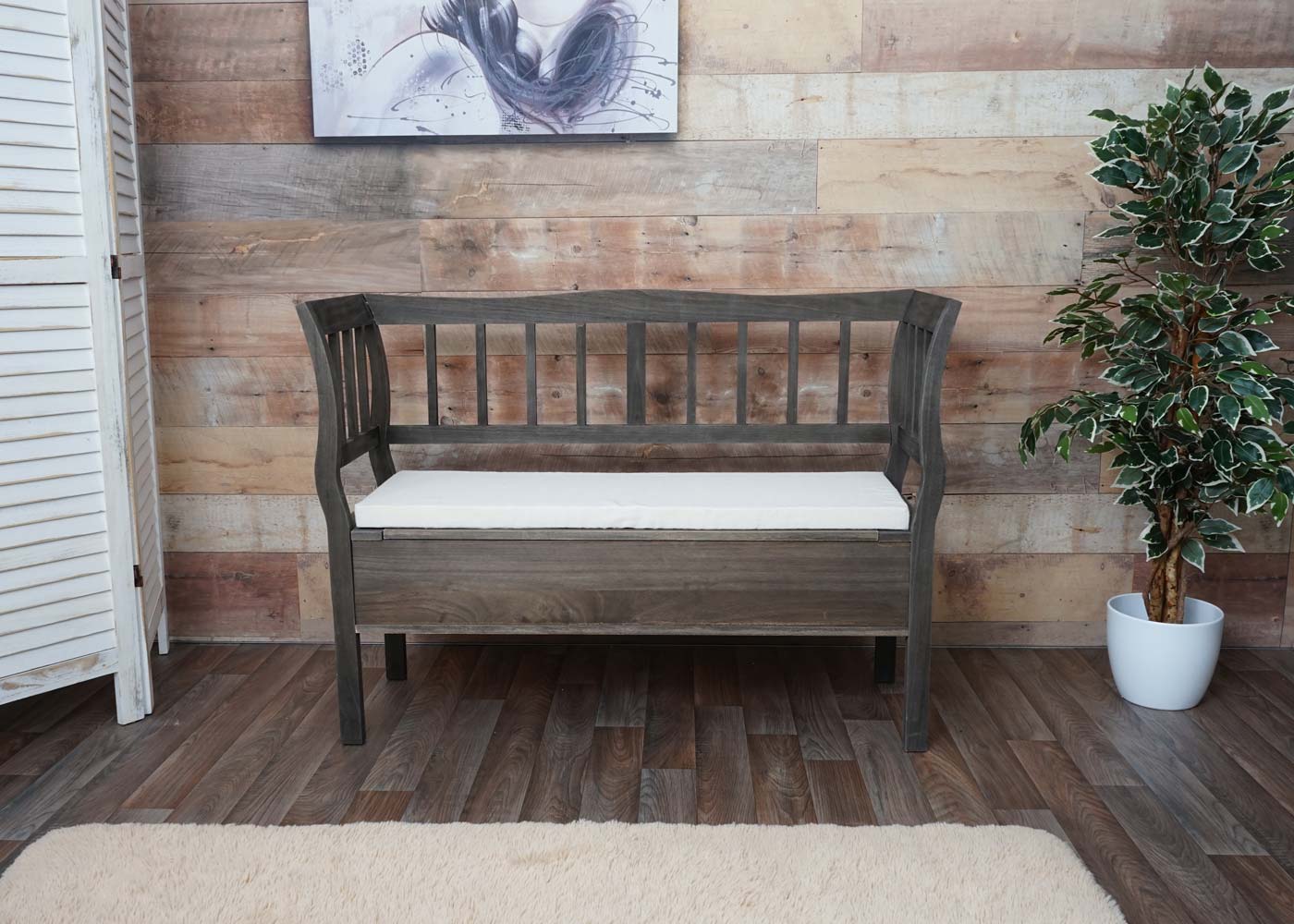 Bank T207, bankkist houten bank opbergkist, opbergvak kussen hout 119cm ~ grijsbruin, shabby