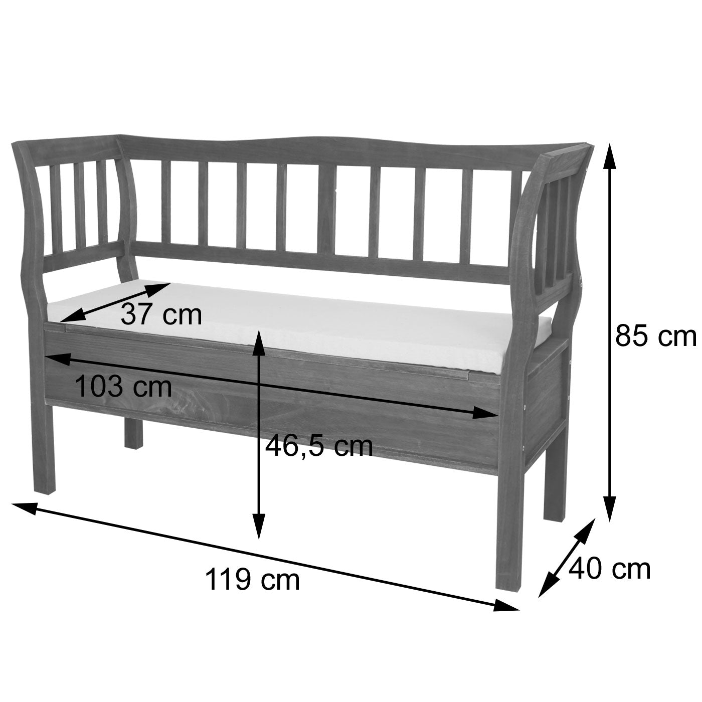 Bank T207, bankkist houten bank opbergkist, opbergvak kussen hout 119cm ~ wit, shabby