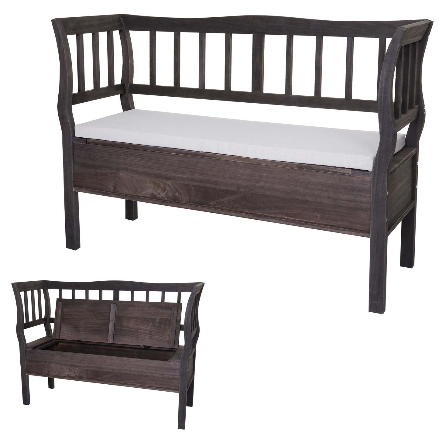 Bank T207, bankkist houten bank opbergkist, opbergvak kussen hout 119cm ~ grijsbruin, shabby