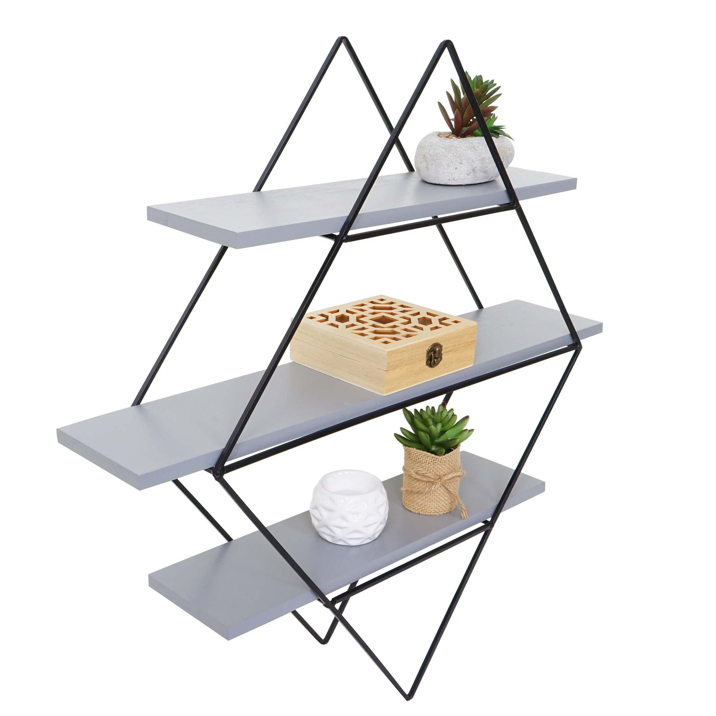 Wandplank MCW-A80, hangende plank, industrieel ontwerp echt hout 60x55x12cm ~ grijs-blauw