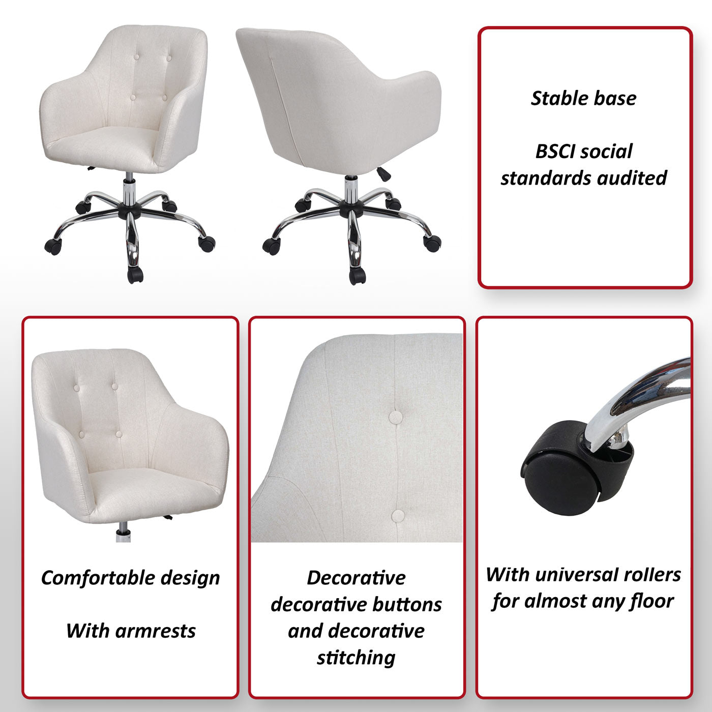 Bureaustoel MCW-K54, bureaustoel bureaustoel fauteuil stoel, stof/textiel met armleuningen ~ crème