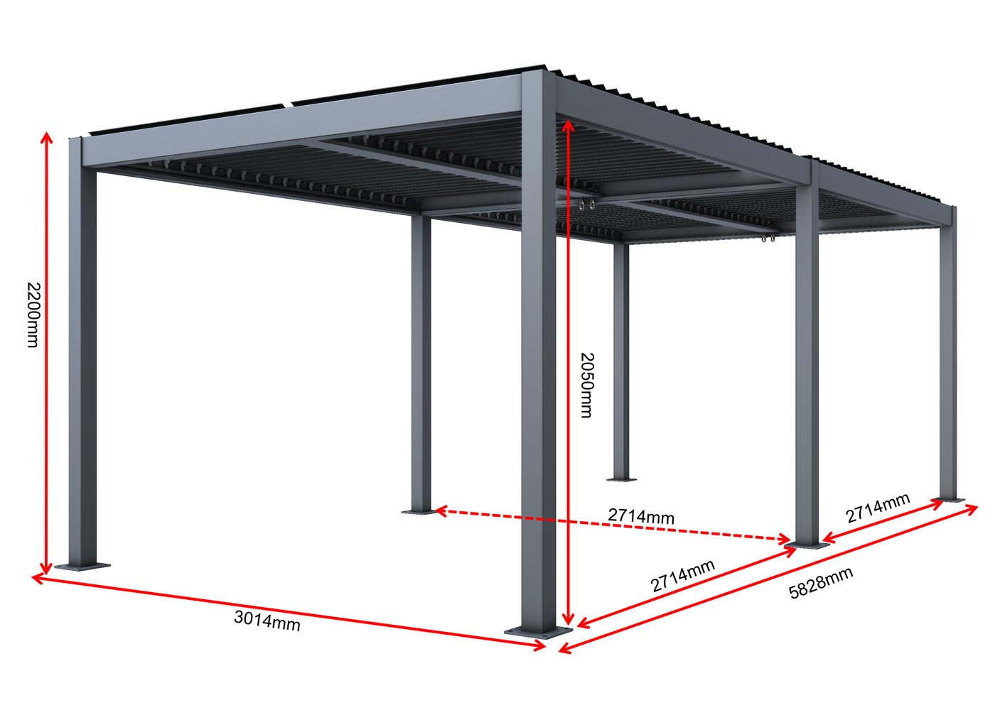 Pergola MCW-L46, tuinpaviljoen met latten, 11cm aluminium frame, stormvaste regengoot, 3x6m ~ wit
