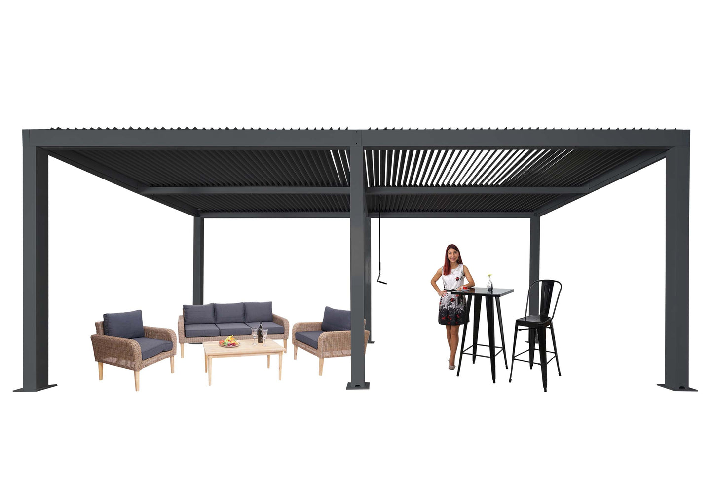 Pergola MCW-L46, tuinpaviljoen met latten, 11cm aluminium frame, stormvaste regengoot, 3x6m ~ antraciet