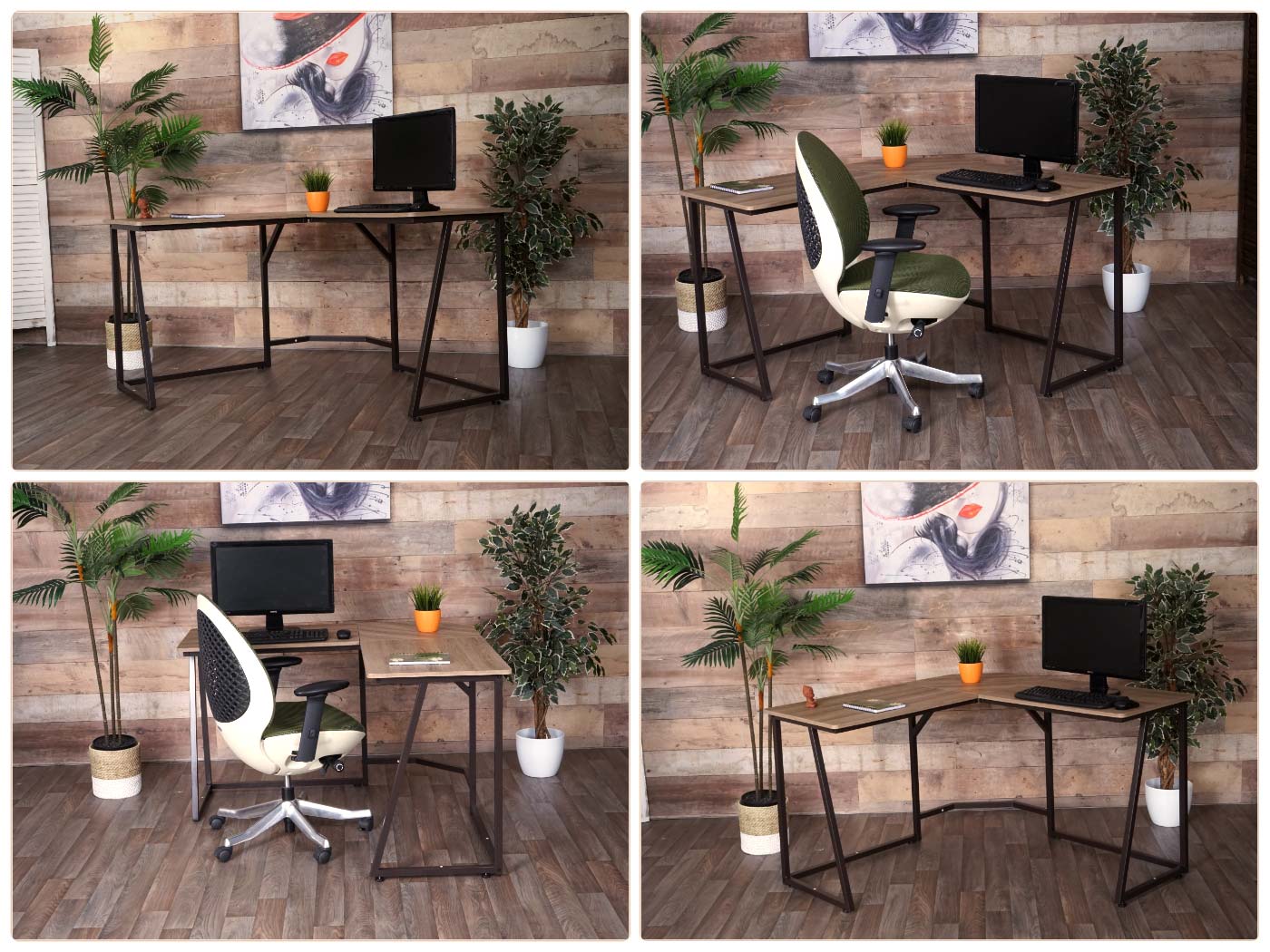 Hoekbureau MCW-K66, computerwerktafel, MVG-gecertificeerd 76x125x125cm, MDF metaal ~ natuurlijke kleur