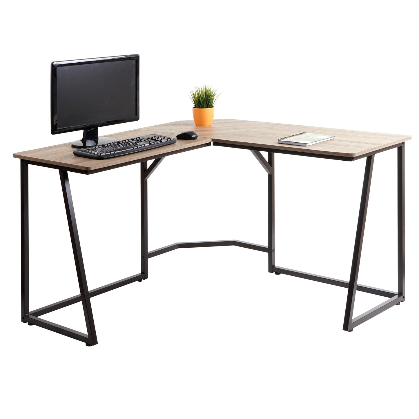 Hoekbureau MCW-K66, computerwerktafel, MVG-gecertificeerd 76x125x125cm, MDF metaal ~ natuurlijke kleur