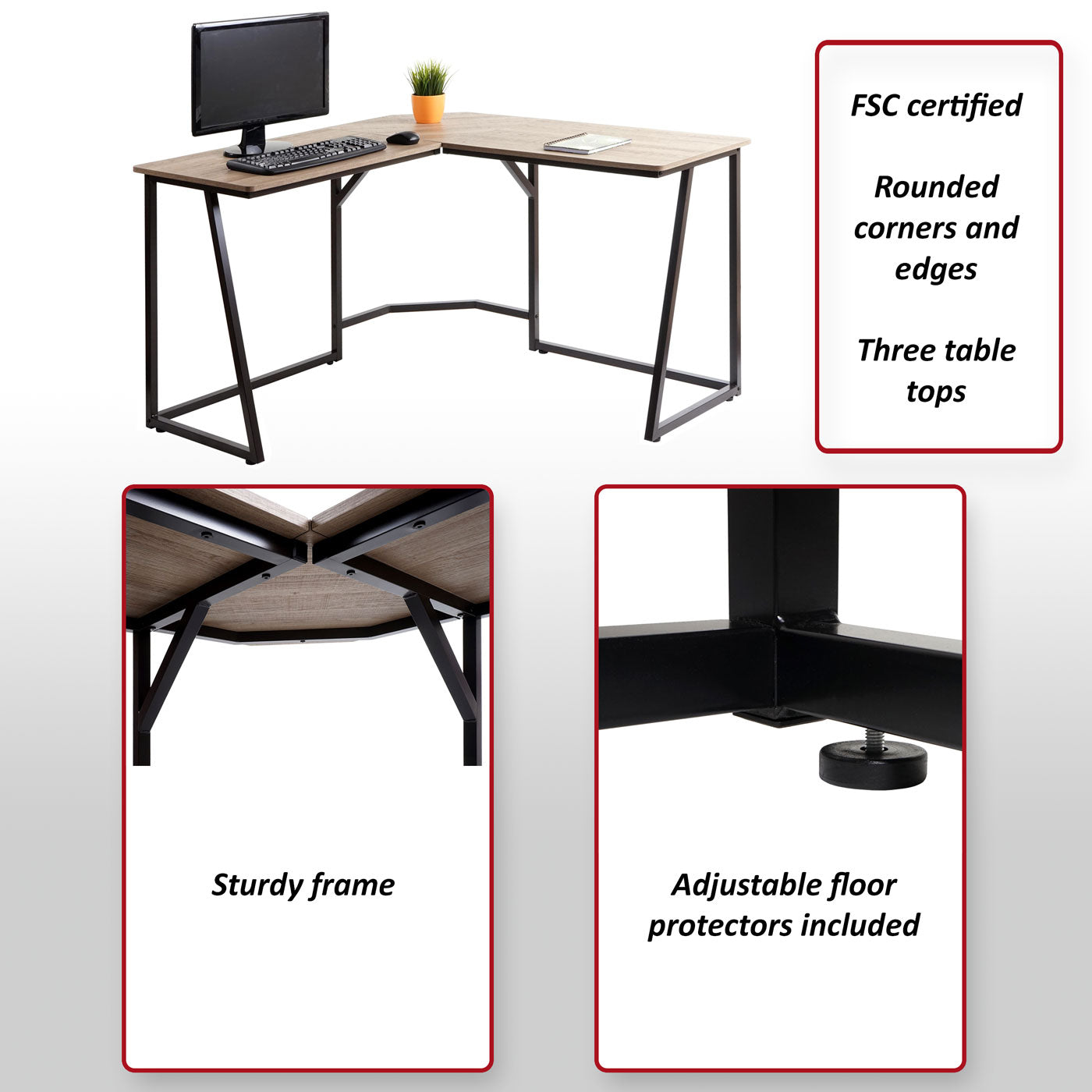 Hoekbureau MCW-K66, computerwerktafel, MVG-gecertificeerd 76x125x125cm, MDF metaal ~ natuurlijke kleur