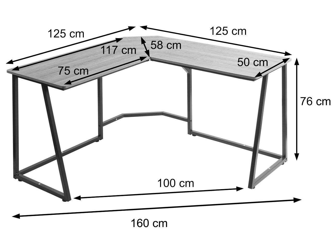 Hoekbureau MCW-K66, computerwerktafel, MVG-gecertificeerd 76x125x125cm, MDF metaal ~ natuurlijke kleur