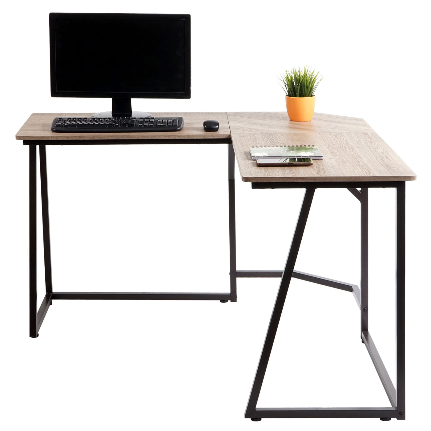 Hoekbureau MCW-K66, computerwerktafel, MVG-gecertificeerd 76x125x125cm, MDF metaal ~ natuurlijke kleur