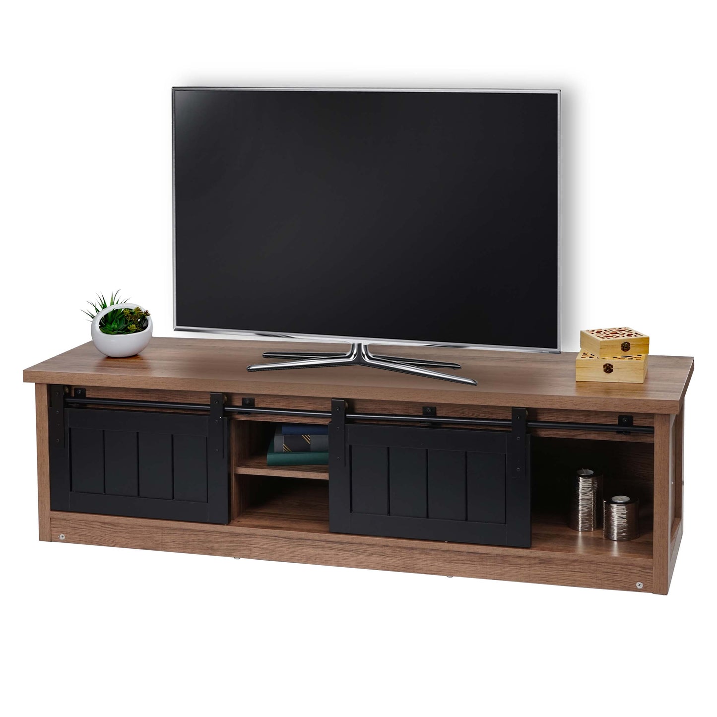 TV-rek MCW-K75, TV-tafel TV-plank, schuifdeuren opbergvakken, hout-look industrieel metaal 43x150x40cm ~ bruin