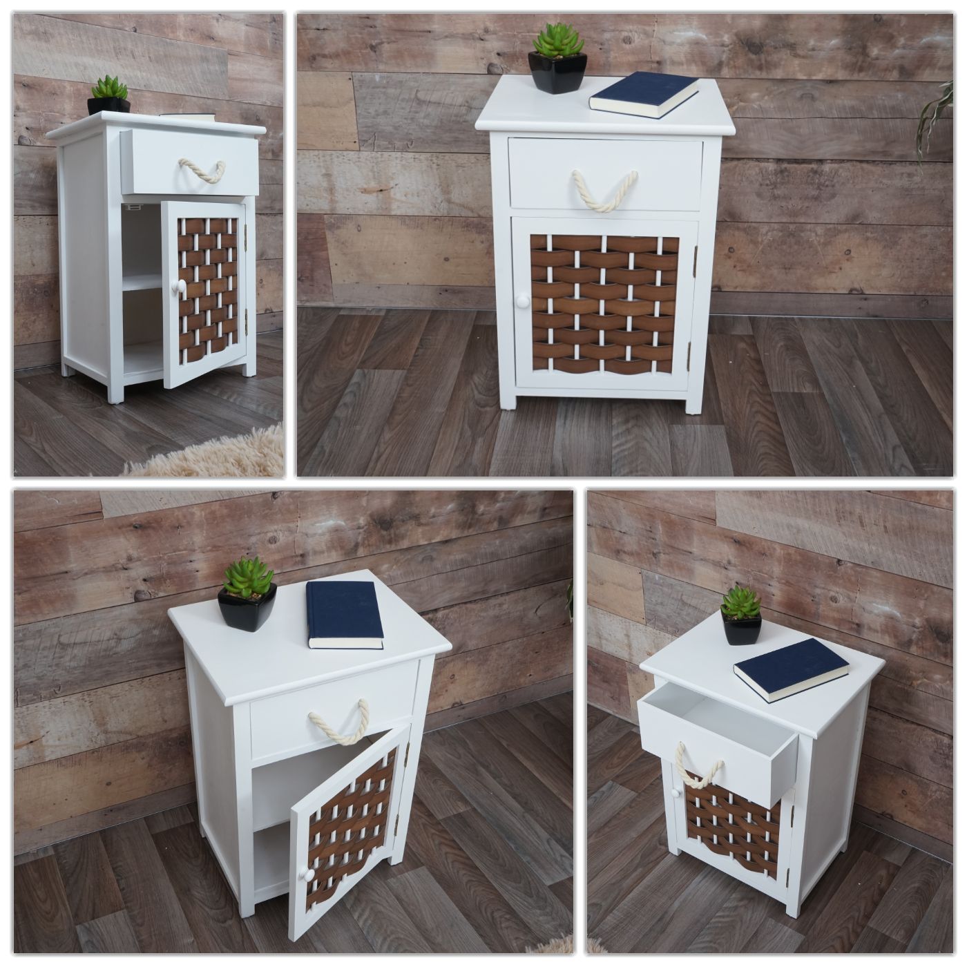 Ladekast MCW-K83, ladekast, hout 55x39.5x28.5cm ~ wit, bruin polyrattan