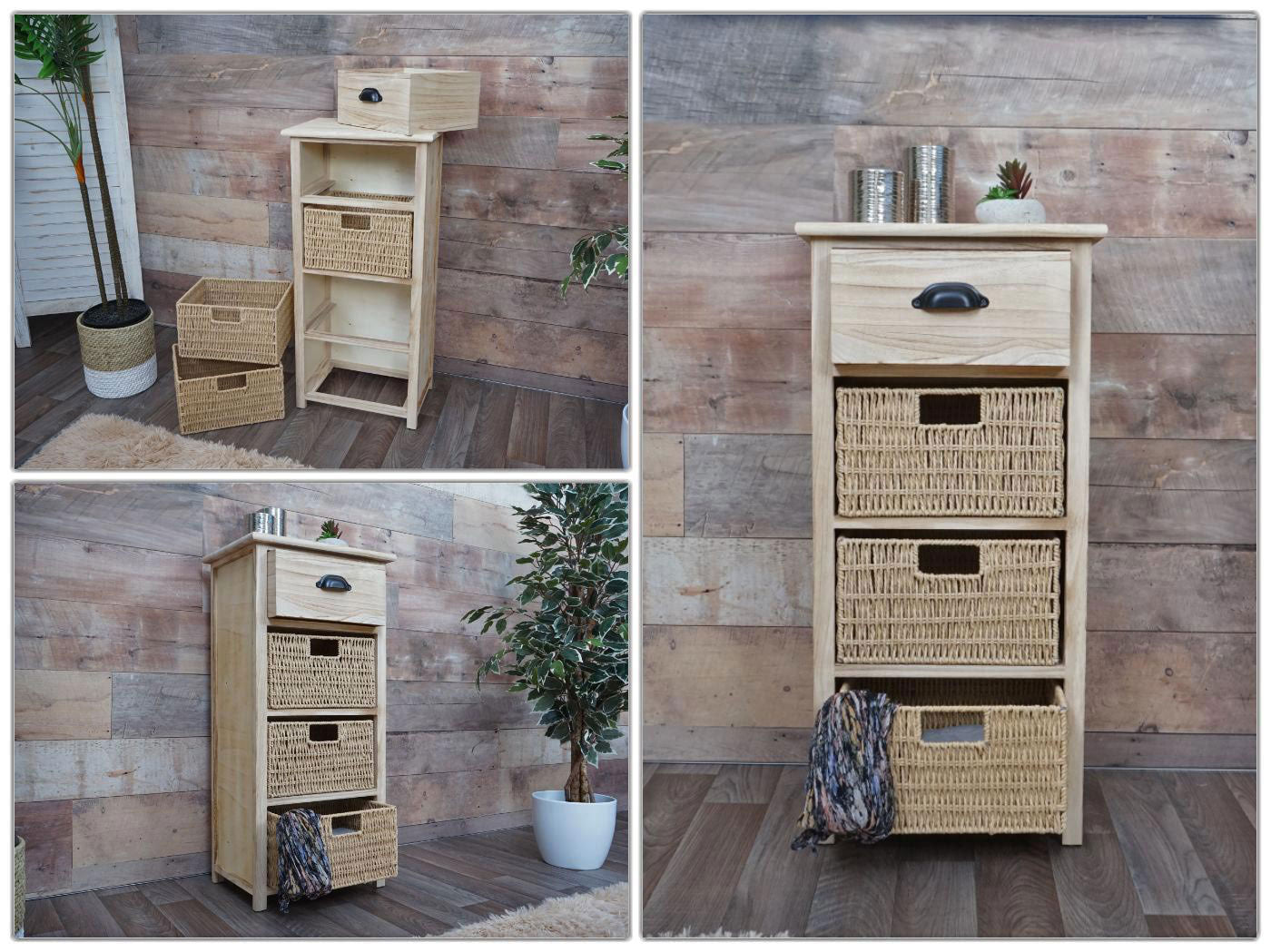 Ladekast MCW-K84 met manden, ladekast, hout 83x40x29cm ~ naturel, manden lichtbruin