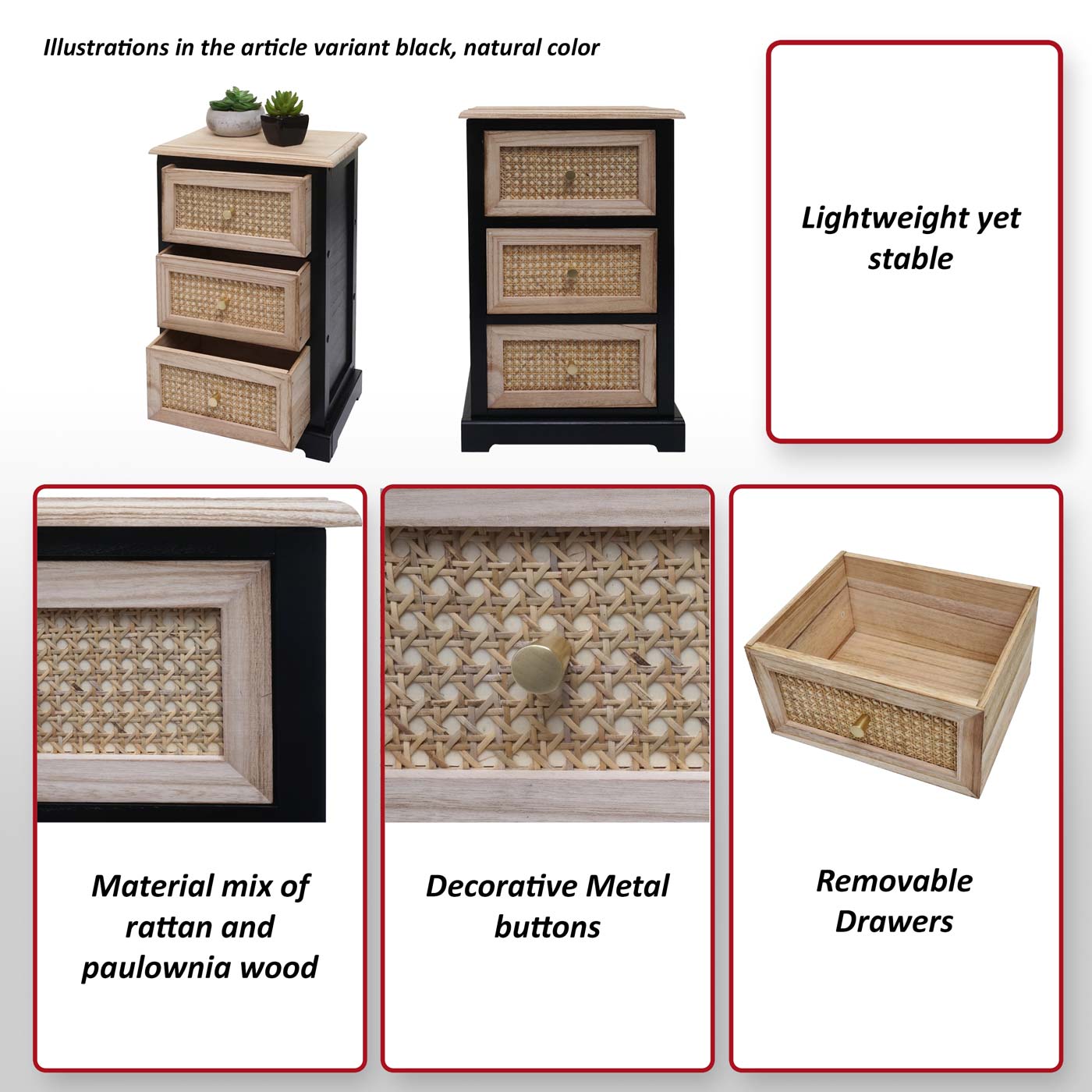 Ladekast MCW-K87, ladekast kast, hout rotan 63x40x28cm ~ natuurlijke kleur