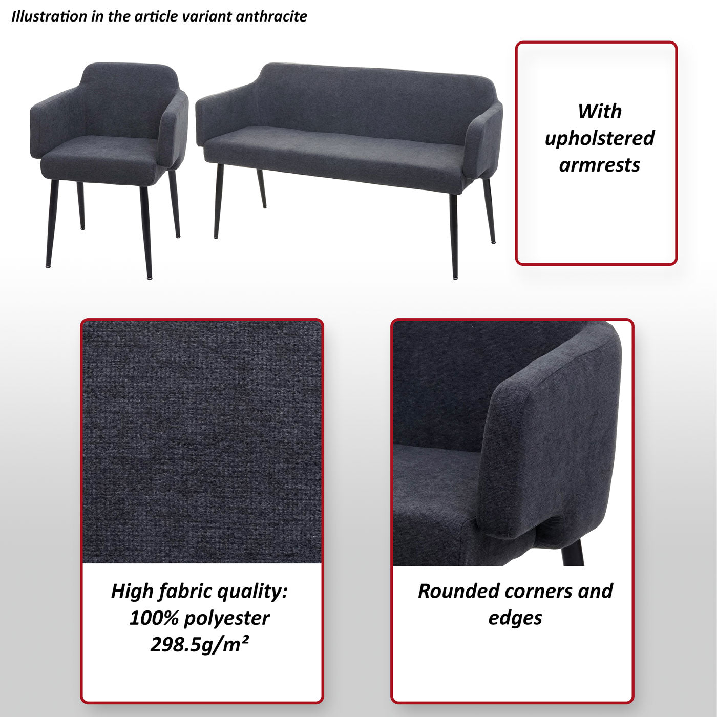 Eetkamerset MCW-L13, set van 2 stoelen + bank Eetkamerset, stof/textiel ~ antraciet