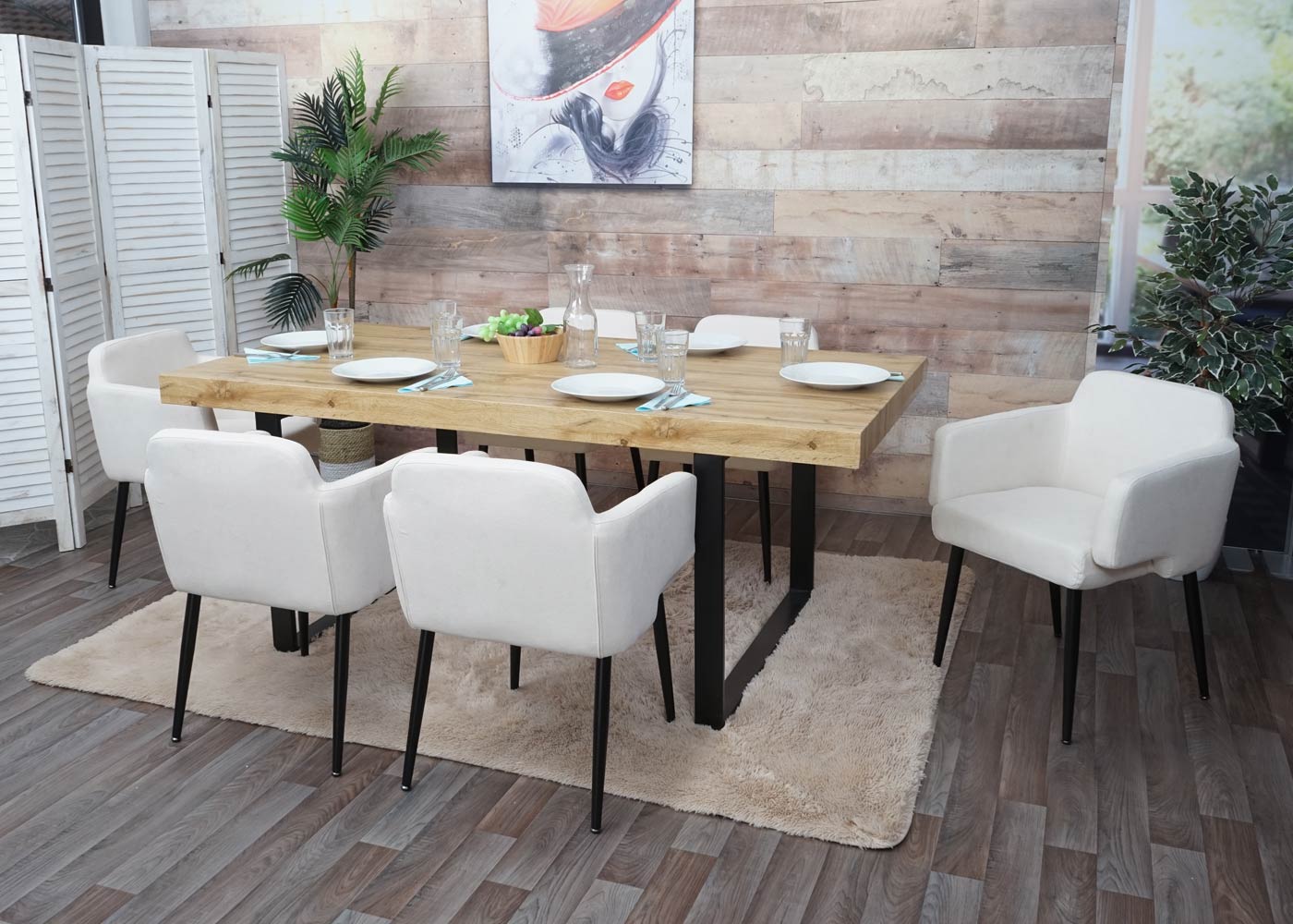 Set van 6 eetkamerstoelen MCW-L13, gestoffeerde stoel keukenstoel met armleuningen, stof/textiel metaal ~ crème-wit