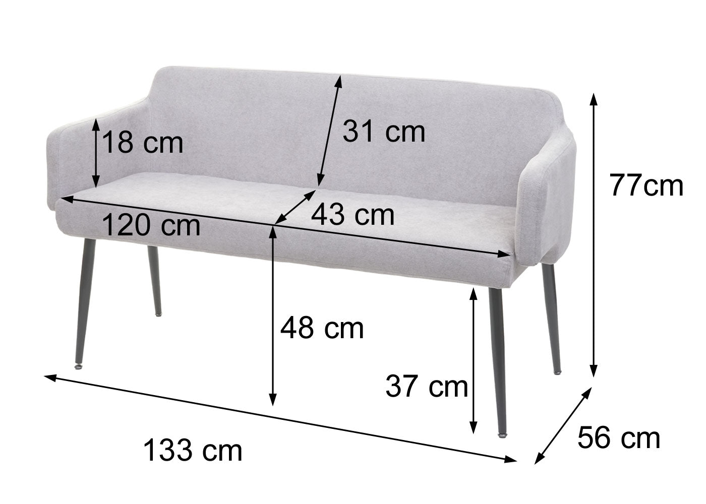 Eetkamerset MCW-L13, set van 2 stoelen + bankje Eetkamerset, stof/textiel ~ grijs