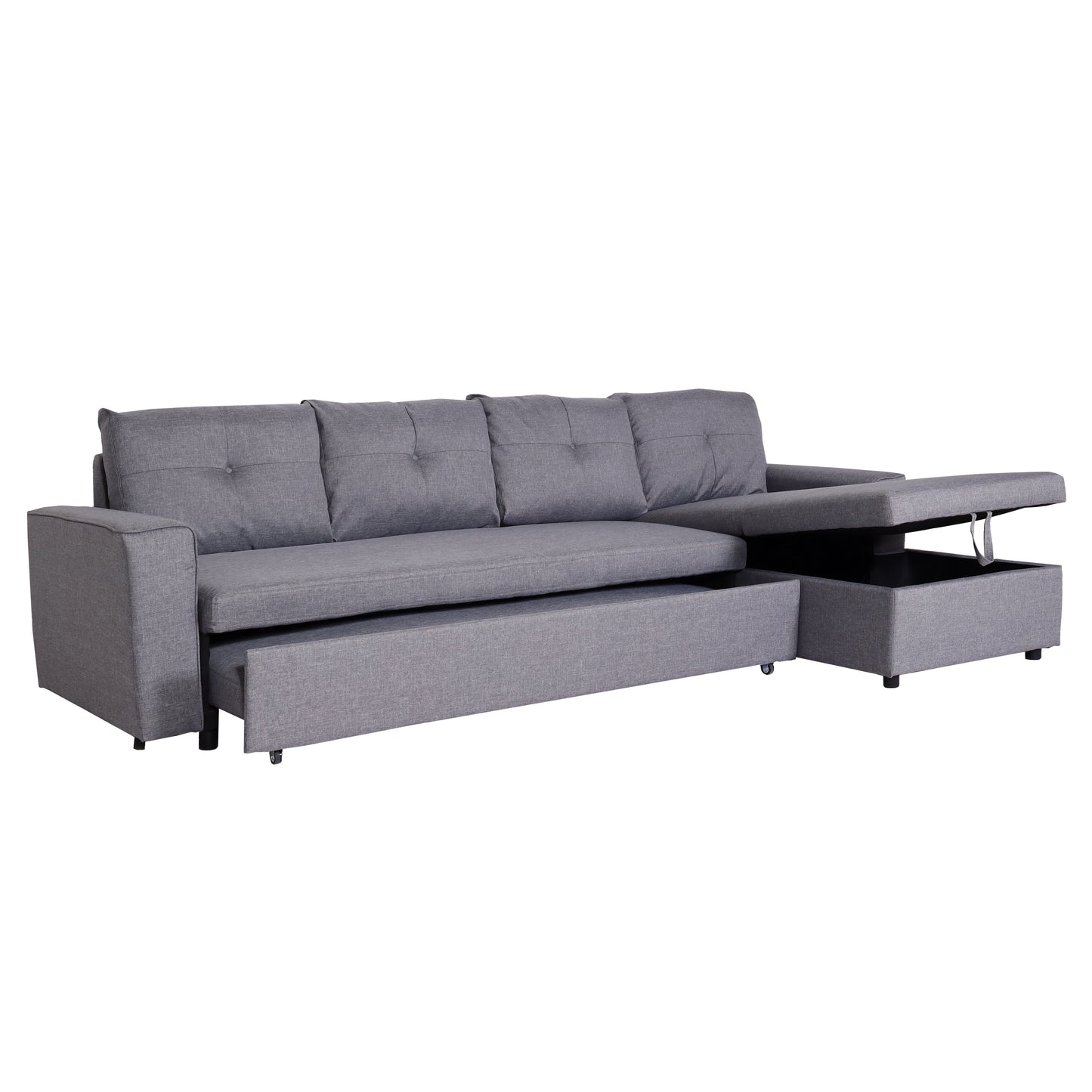 Hoekbank met bed box MCW-L16, bank L-vorm, ligvlak links/rechts nosagvering stof/textiel 290cm ~ grijs