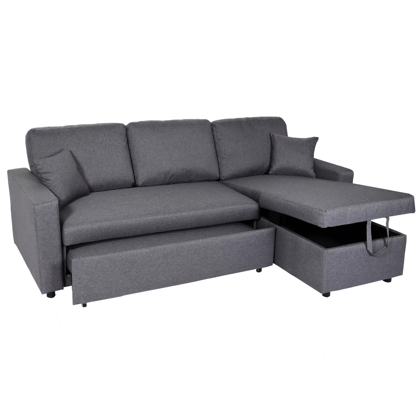 Hoekbank met bed box MCW-L17, bank L-vorm, ligvlak Nosag vering 228cm ~ donkergrijs