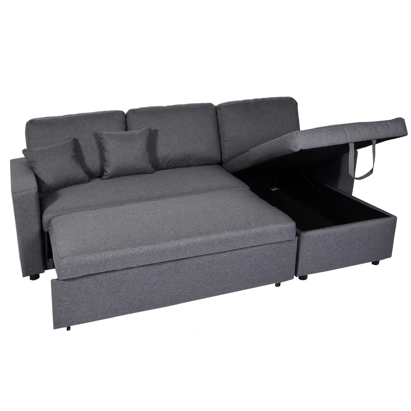 Hoekbank met bed box MCW-L17, bank L-vorm, ligvlak Nosag vering 228cm ~ donkergrijs