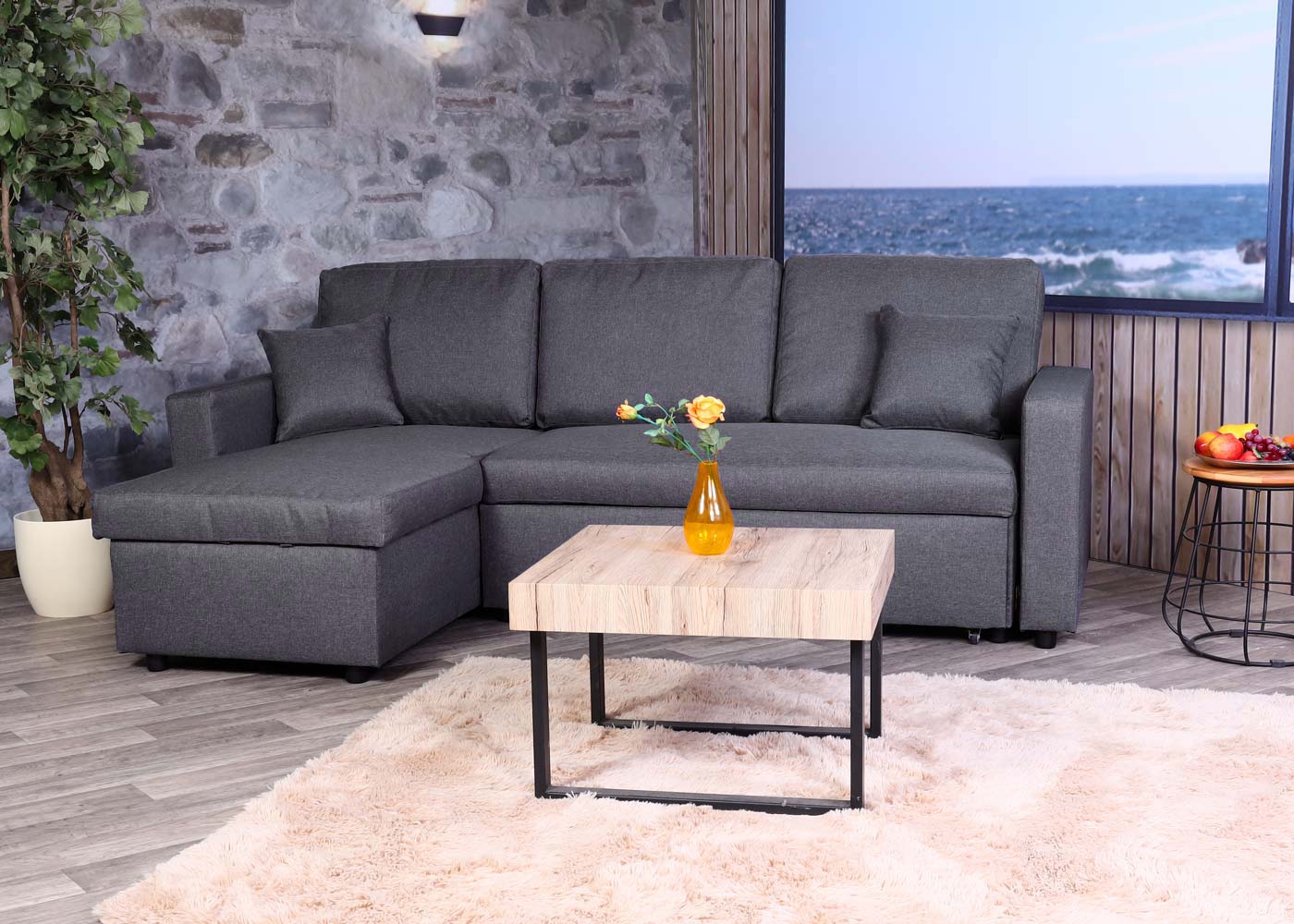 Hoekbank met bed box MCW-L17, bank L-vorm, ligvlak Nosag vering 228cm ~ donkergrijs