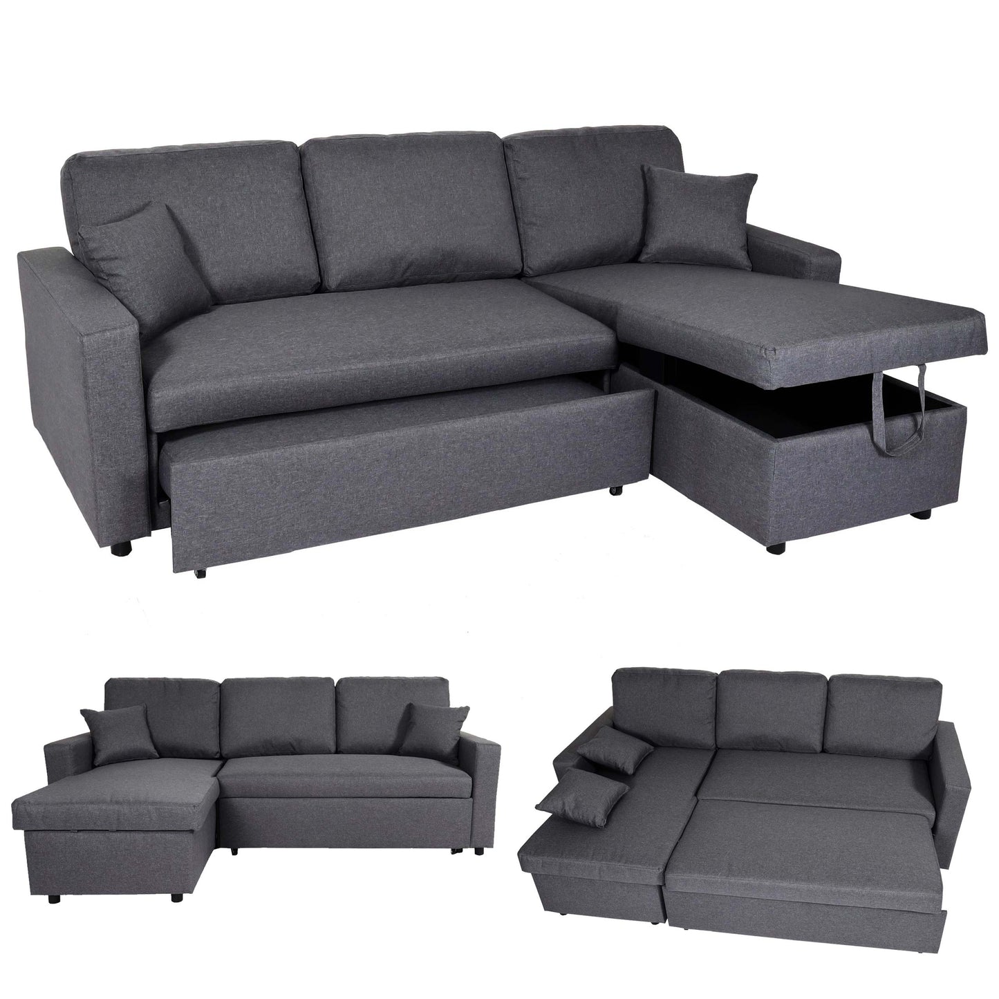 Hoekbank met bed box MCW-L17, bank L-vorm, ligvlak Nosag vering 228cm ~ donkergrijs