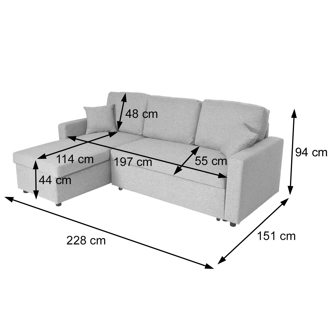 Hoekbank met bed box MCW-L17, bank L-vorm, ligvlak Nosag vering 228cm ~ grijs