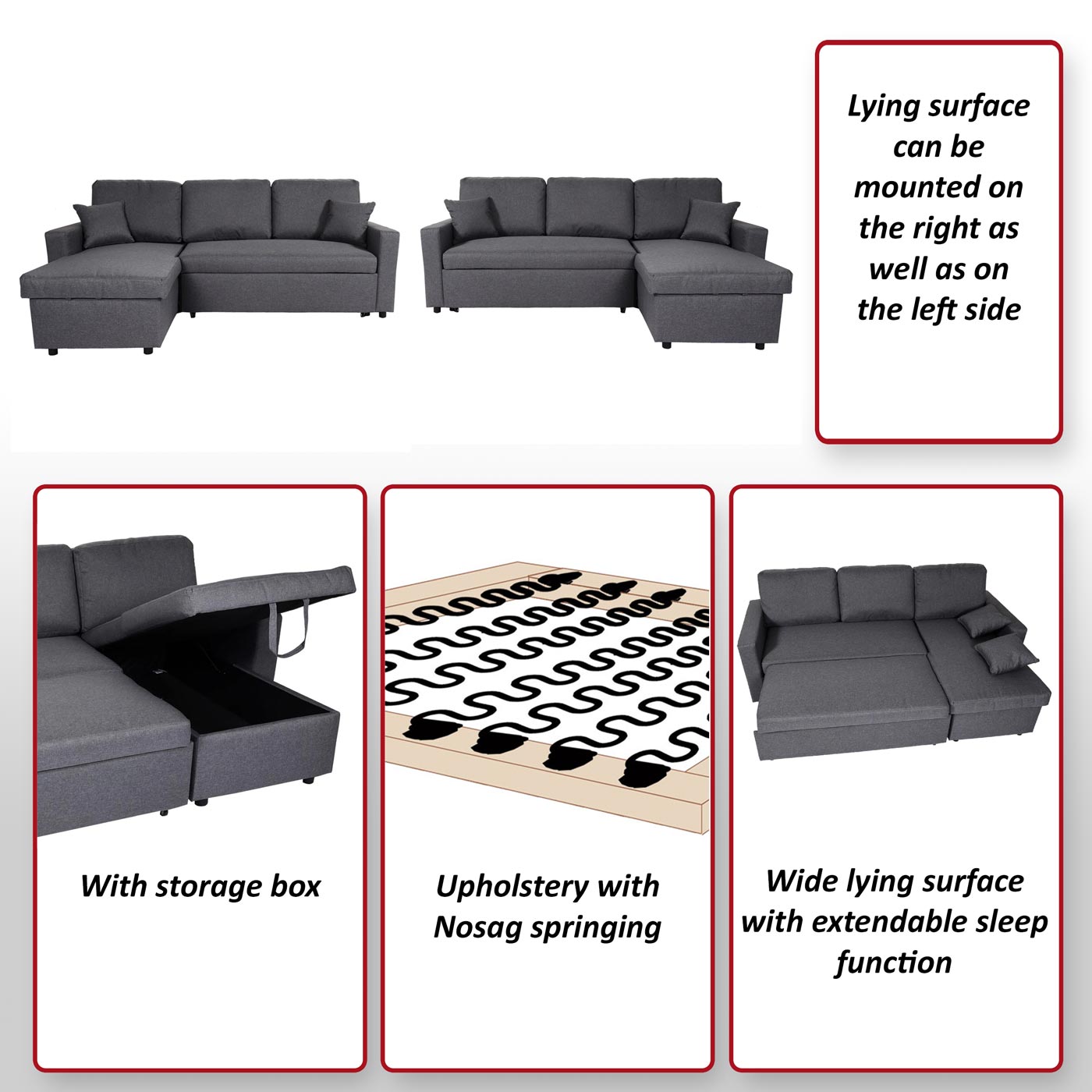 Hoekbank met bed box MCW-L17, bank L-vorm, ligvlak Nosag vering 228cm ~ grijs