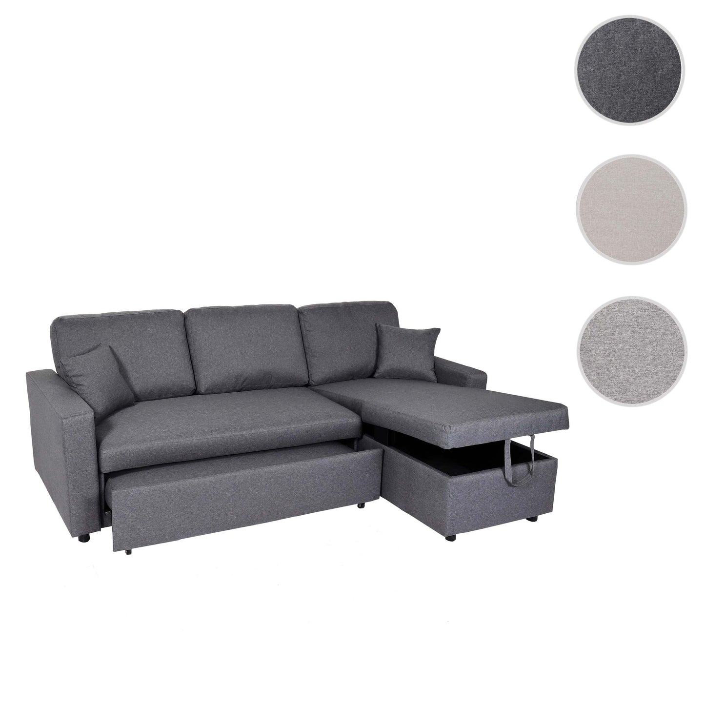 Hoekbank met bed box MCW-L17, bank L-vorm, ligvlak Nosag vering 228cm ~ donkergrijs