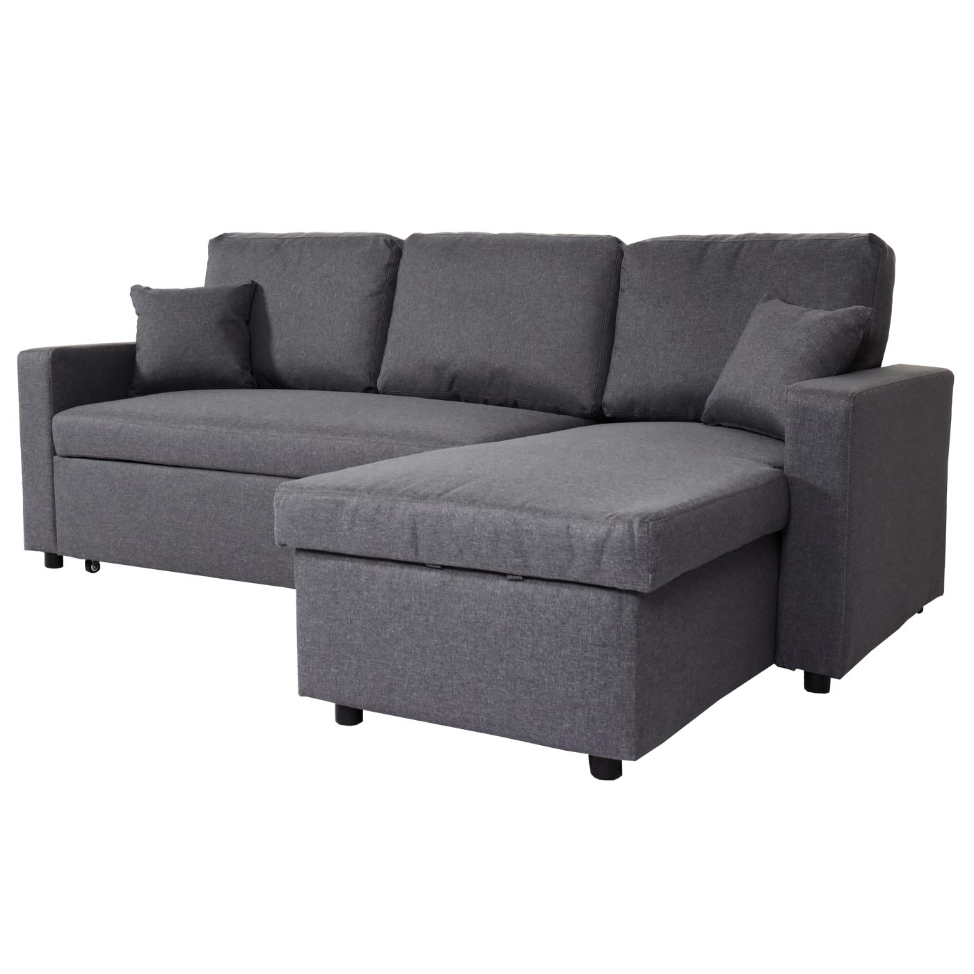 Hoekbank met bed box MCW-L17, bank L-vorm, ligvlak Nosag vering 228cm ~ donkergrijs