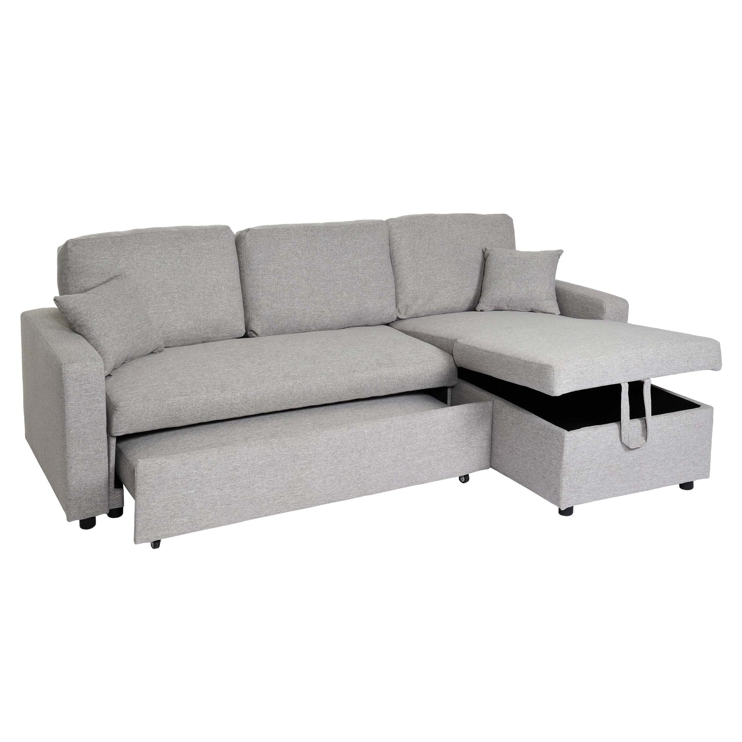 Hoekbank met bed box MCW-L17, bank L-vorm, ligvlak Nosag vering 228cm ~ grijs